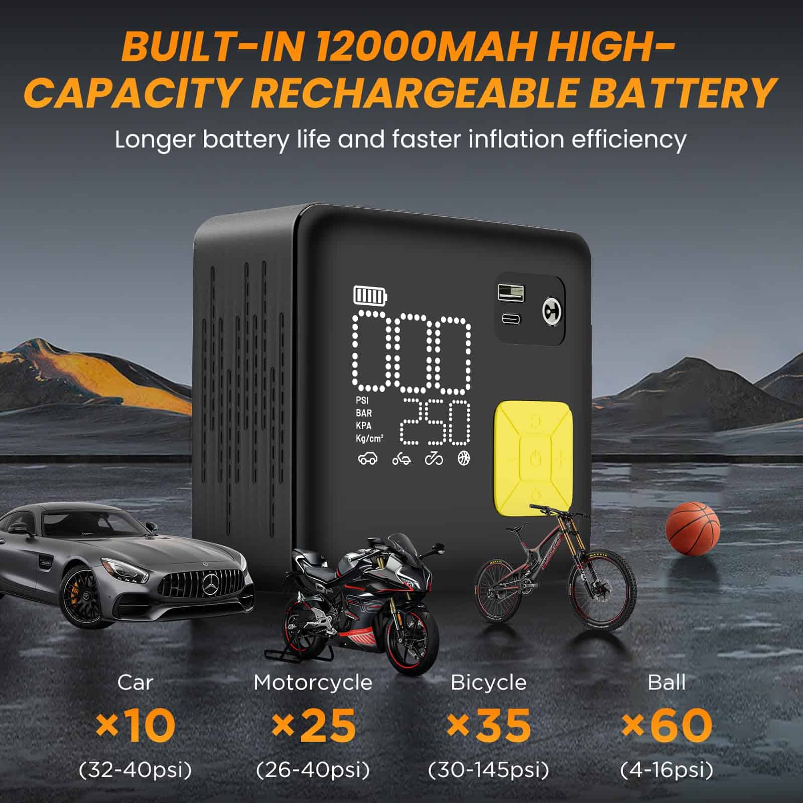 Inflador de neumáticos portátil, compresor de aire 3X - Imagen 5