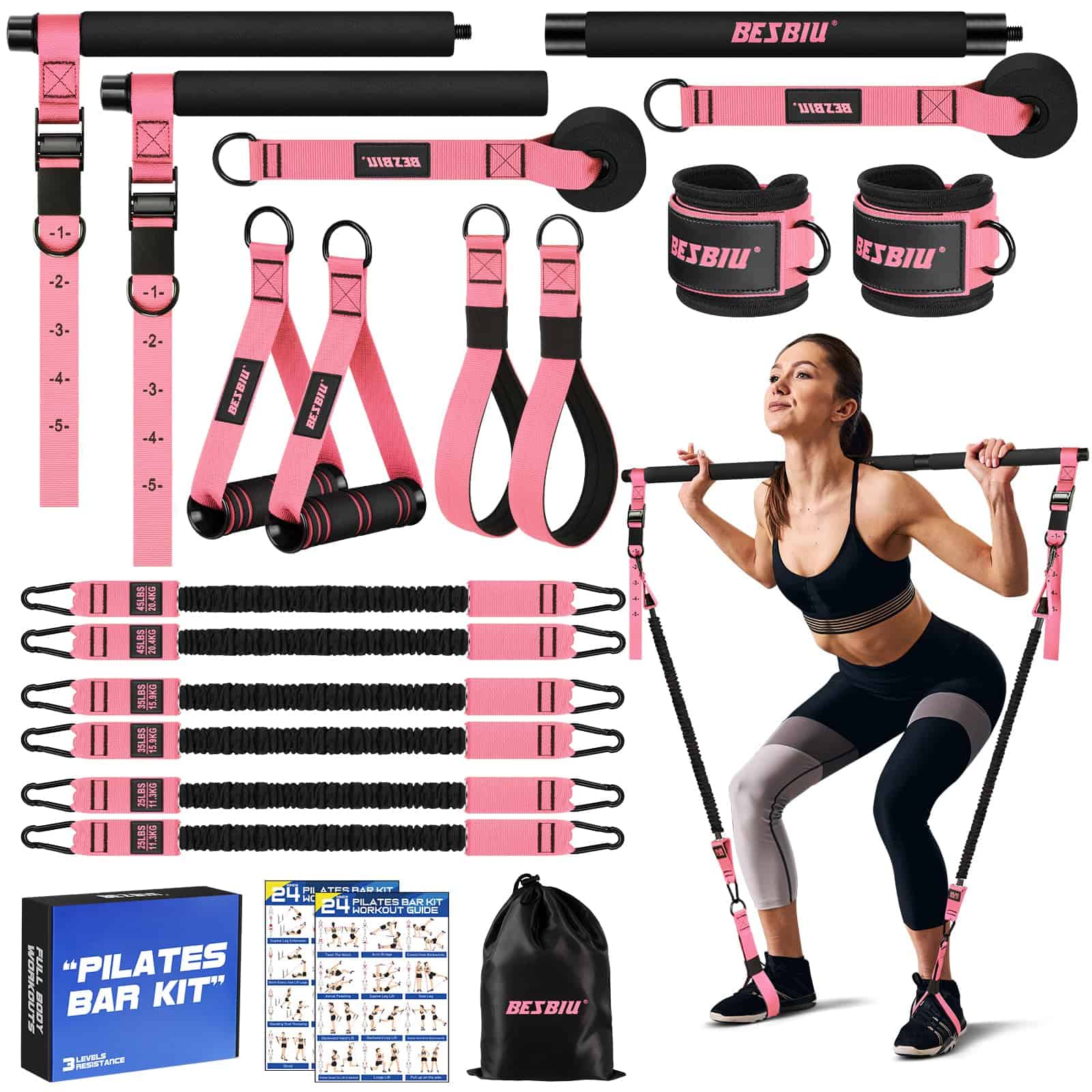 Kit de Barra de Pilates con Bandas de -rosa