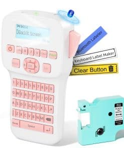 Máquina etiquetadora rosa con cinta, etiquetadora