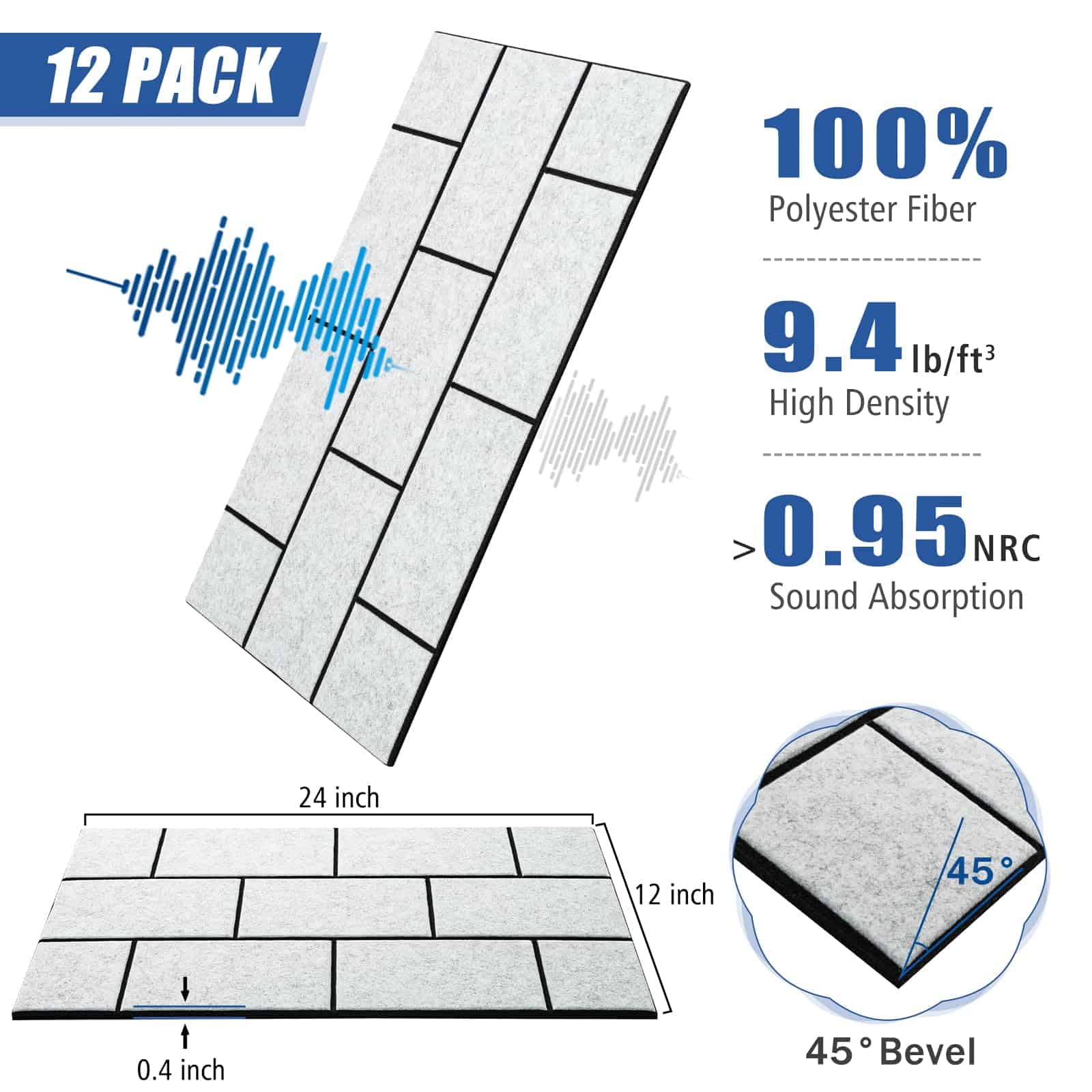 Pack de 12 Paneles Acústicos con Autoadhesivo, 24"X 12"X - Imagen 5