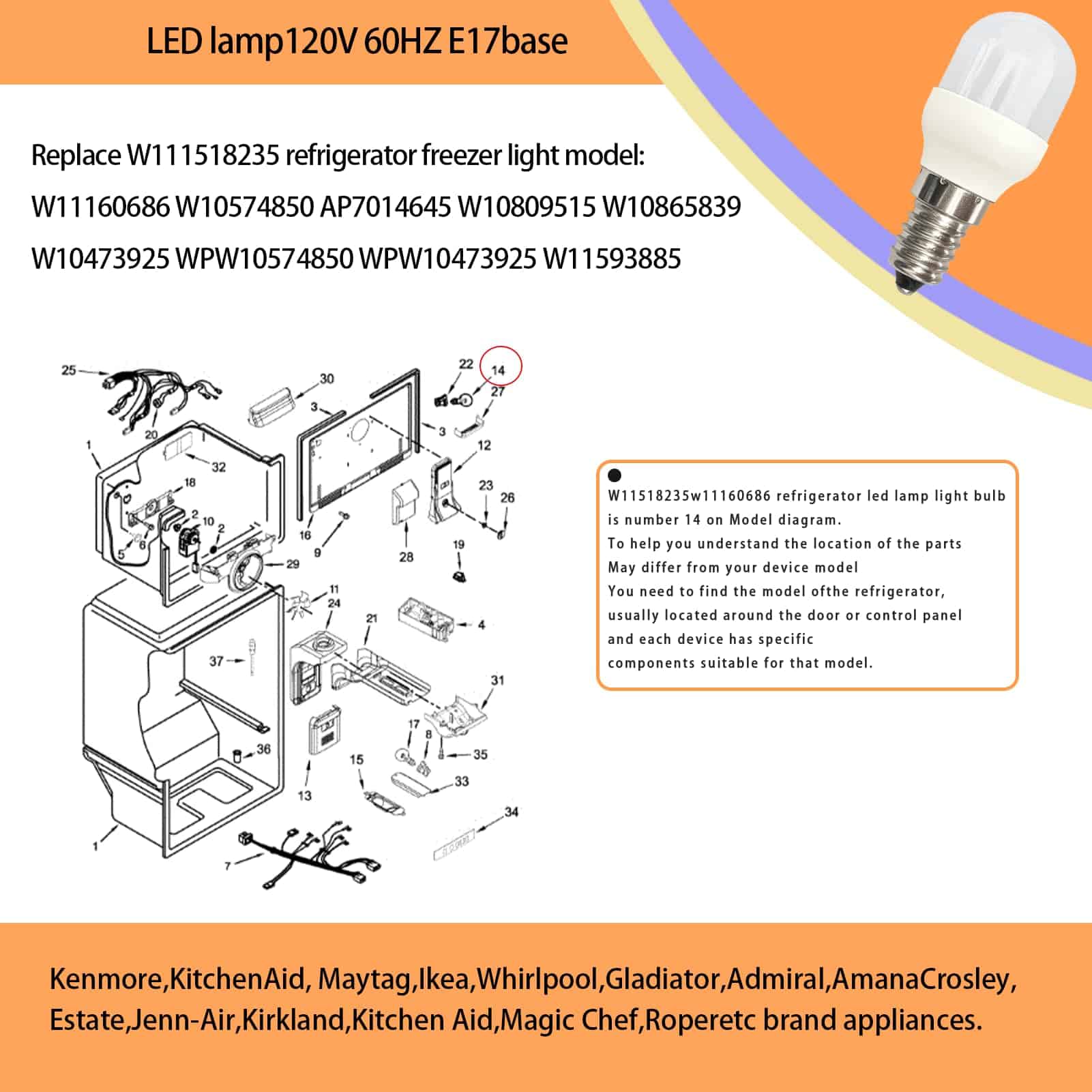 2 Bombillas LED para Refrigerador W11518235 W11160686 de - Imagen 5