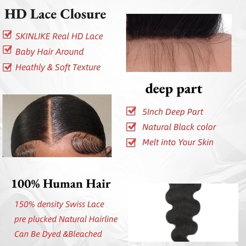 Cierre de Encaje Body Wave Real HD 5x 5 Ultrafino Invisble - Imagen 4
