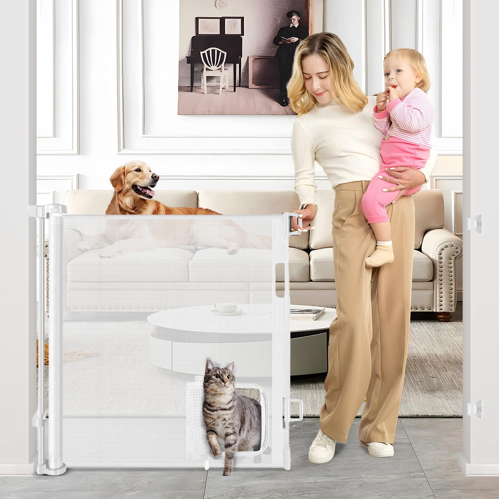 Puerta de bebé retráctil con puerta para gatos 55" Ancho