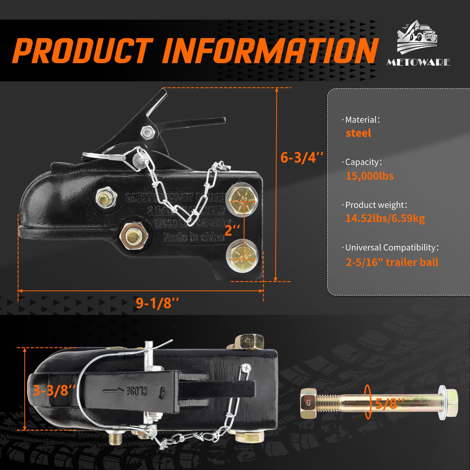 Enganche de remolque ajustable METOWARE de 2-5/16" de - Imagen 3