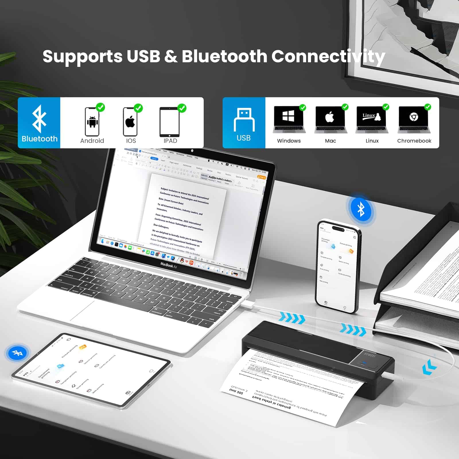 Impresoras portátiles inalámbricas vretti para viajes, - Imagen 3