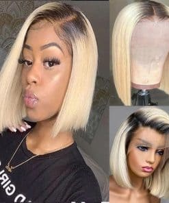 SUNFA Pelucas Rubias Ombre Bob de Cabello Humano 13x4