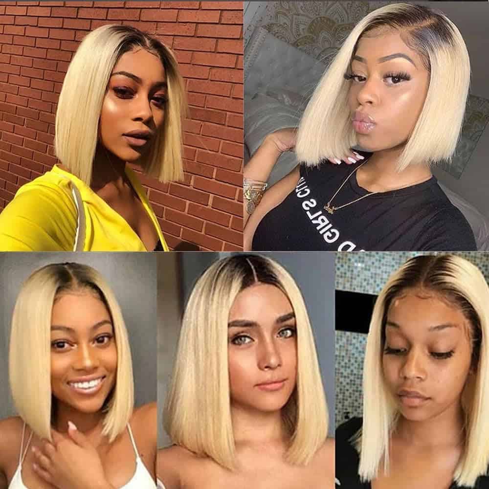 SUNFA Pelucas Rubias Ombre Bob de Cabello Humano 13x4 - Imagen 5