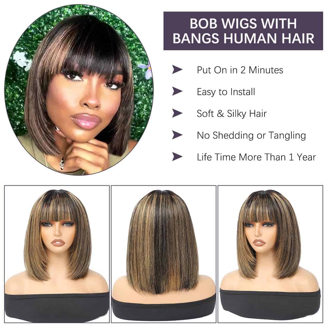 Peluca Bob Corto con Flequillo Cabello Humano 12 Pulgadas - Imagen 7