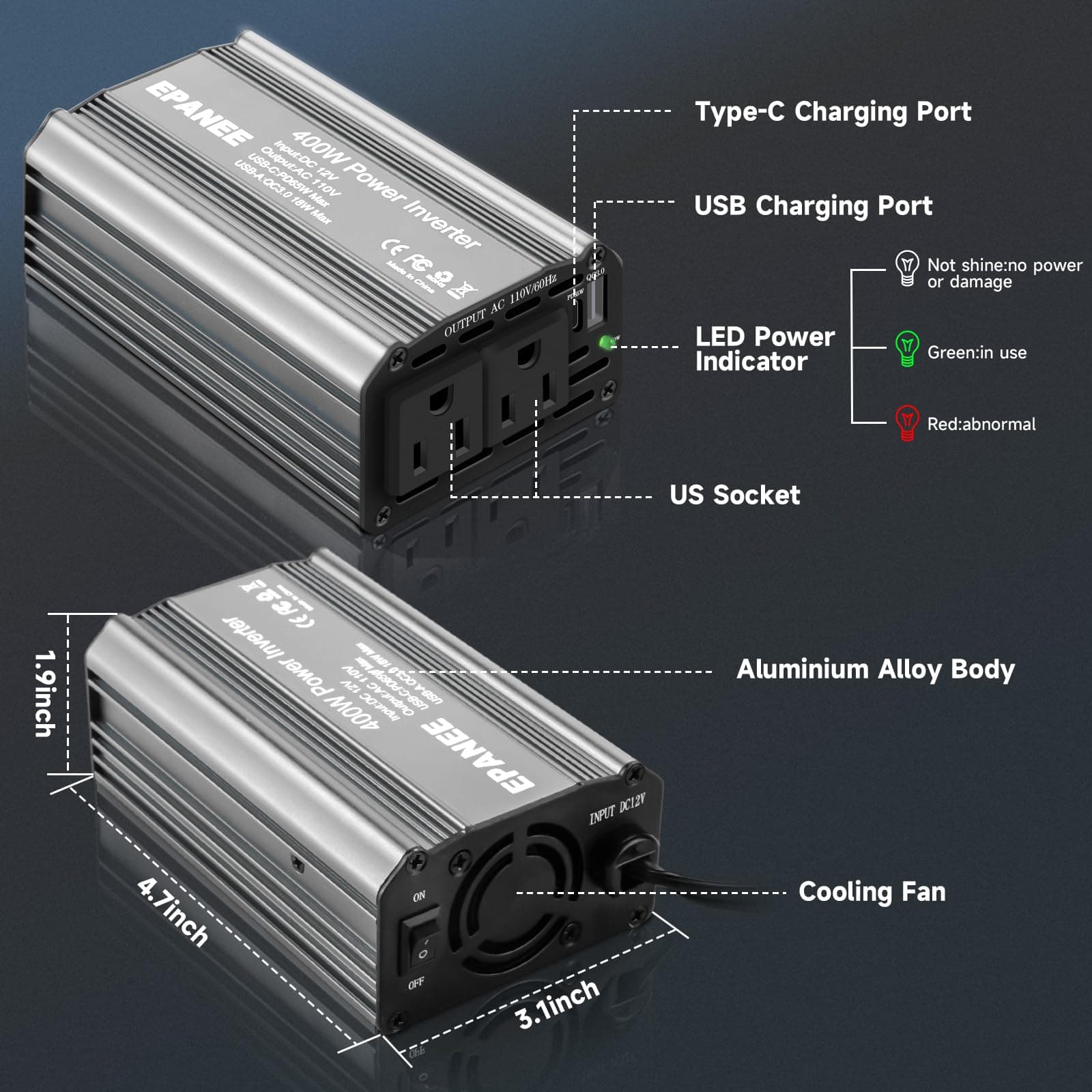 Inversor de Corriente de 400W 12V DC a 110V -Plata gris - Imagen 7