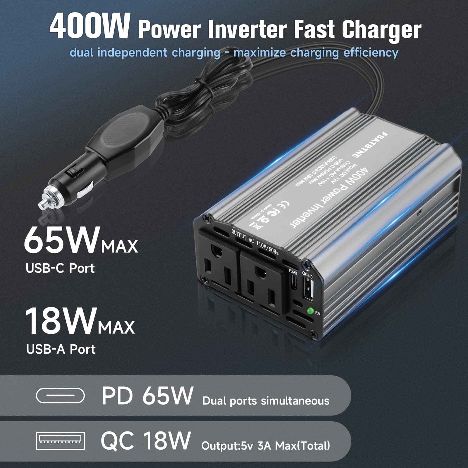 Inversor de Corriente de 400W 12V DC a 110V -Plata gris - Imagen 3
