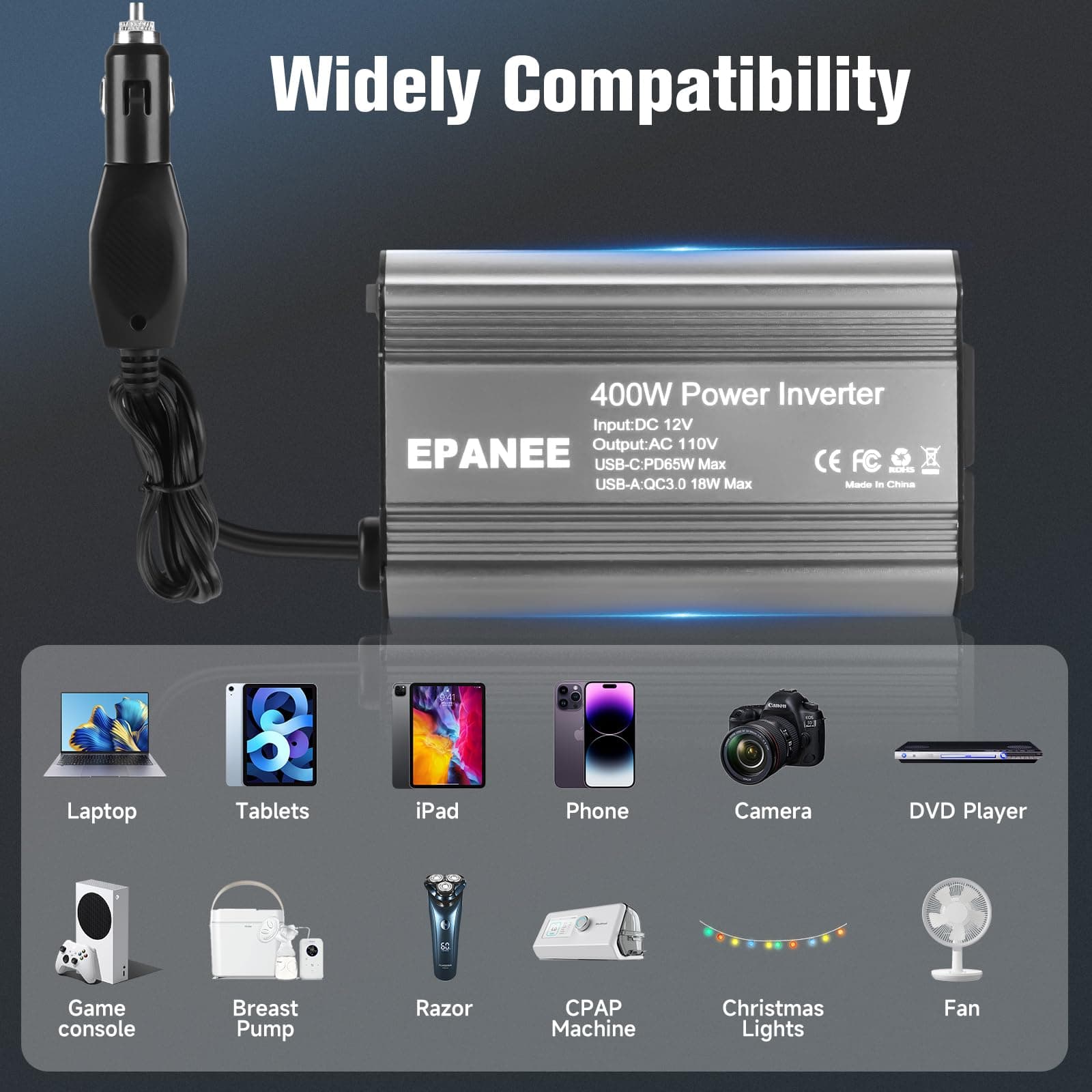 Inversor de Corriente de 400W 12V DC a 110V -Plata gris - Imagen 8