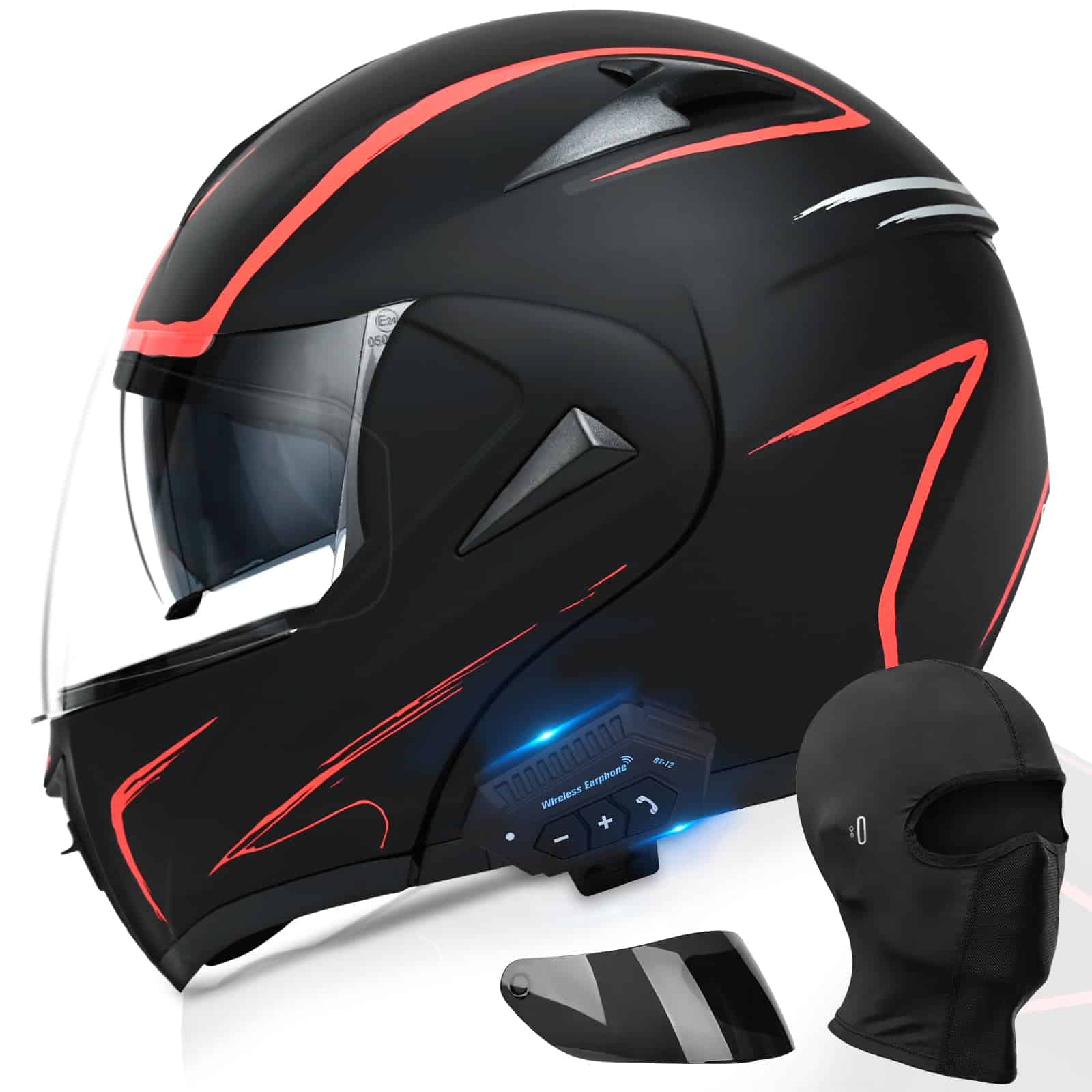 Casco Modular de Motocicleta con Bluetooth, -Rojo