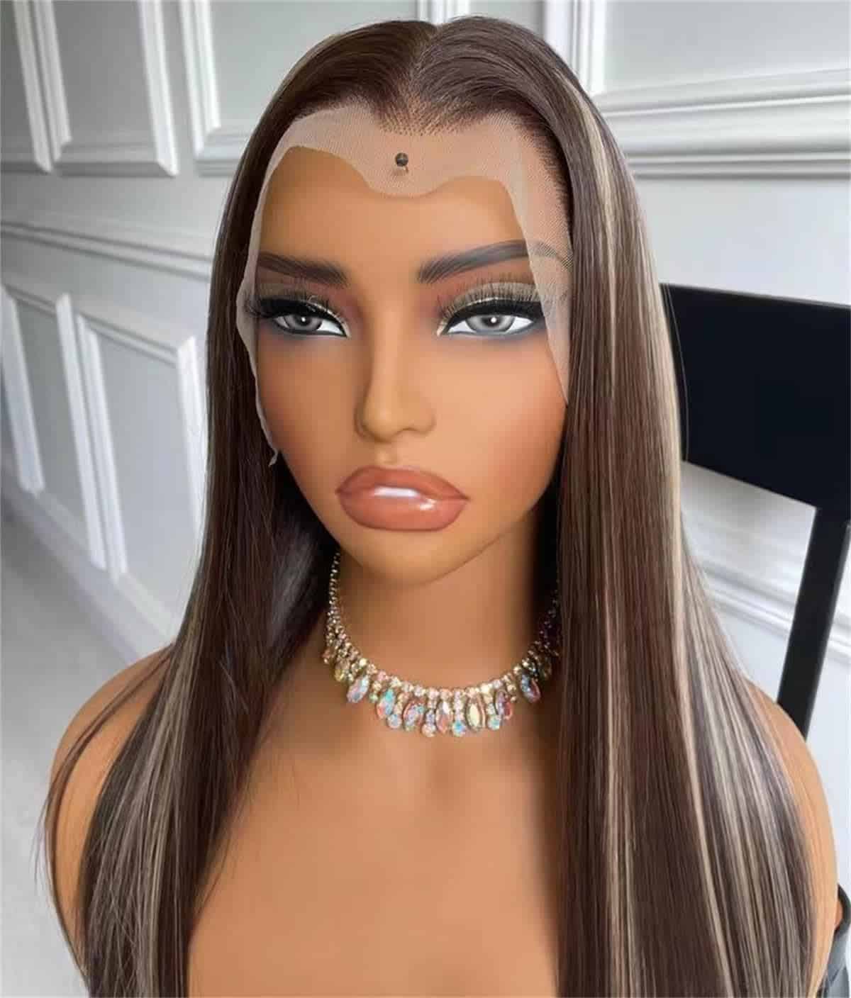 Pelucas de Encaje Recto Largo con Reflejos en Color Marrón - Imagen 6