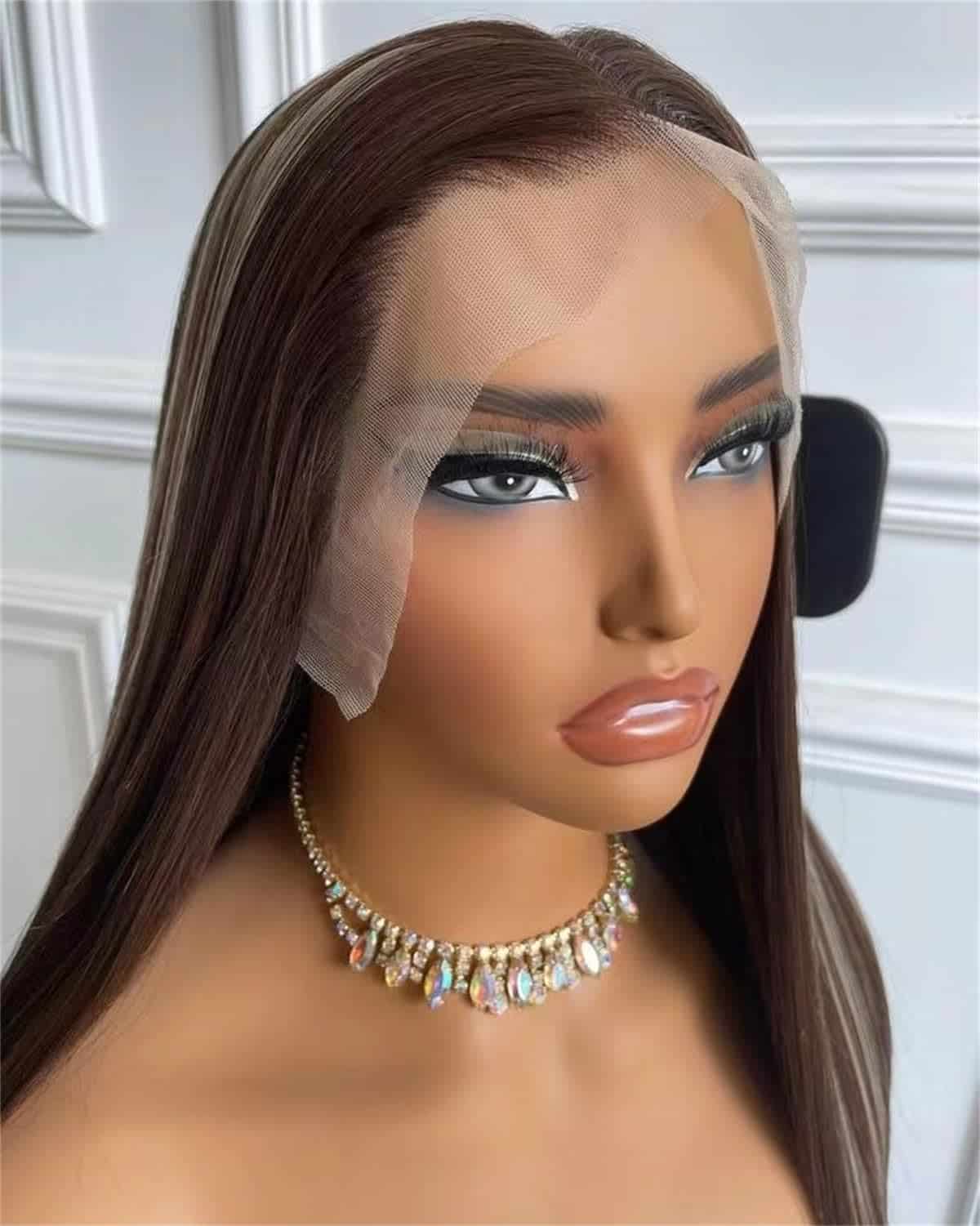 Pelucas de Encaje Recto Largo con Reflejos en Color Marrón - Imagen 7