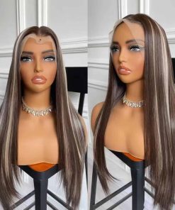 Pelucas de Encaje Recto Largo con Reflejos en Color Marrón