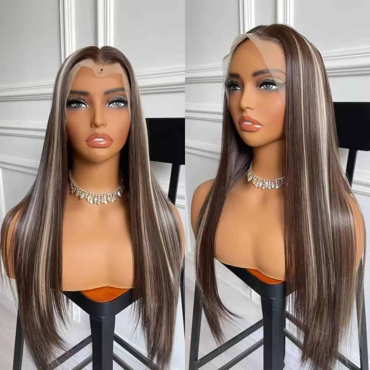 Pelucas de Encaje Recto Largo con Reflejos en Color Marrón