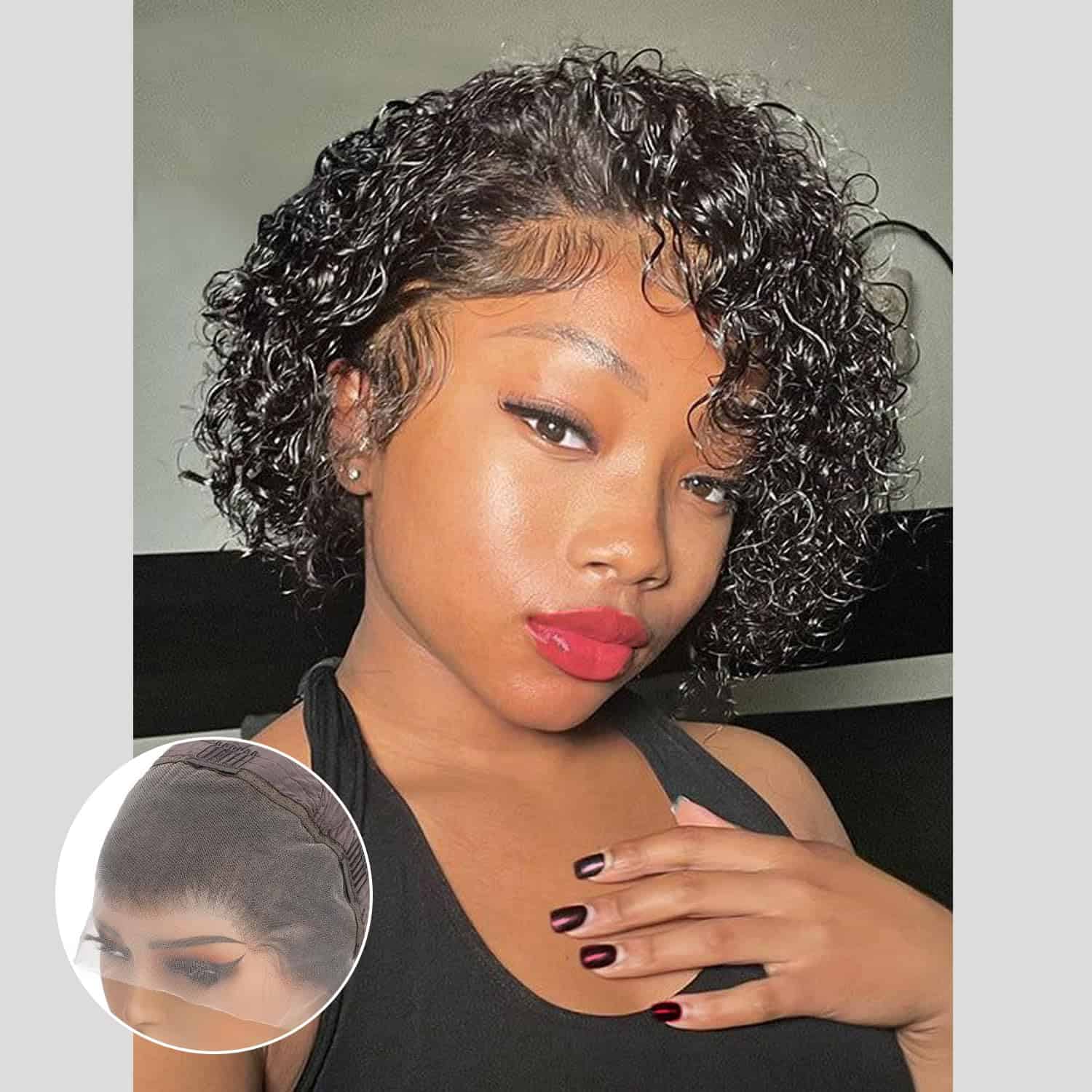 YKHJH 13X4 Pelucas de Pelo Corto Rizado de Cabello Humano