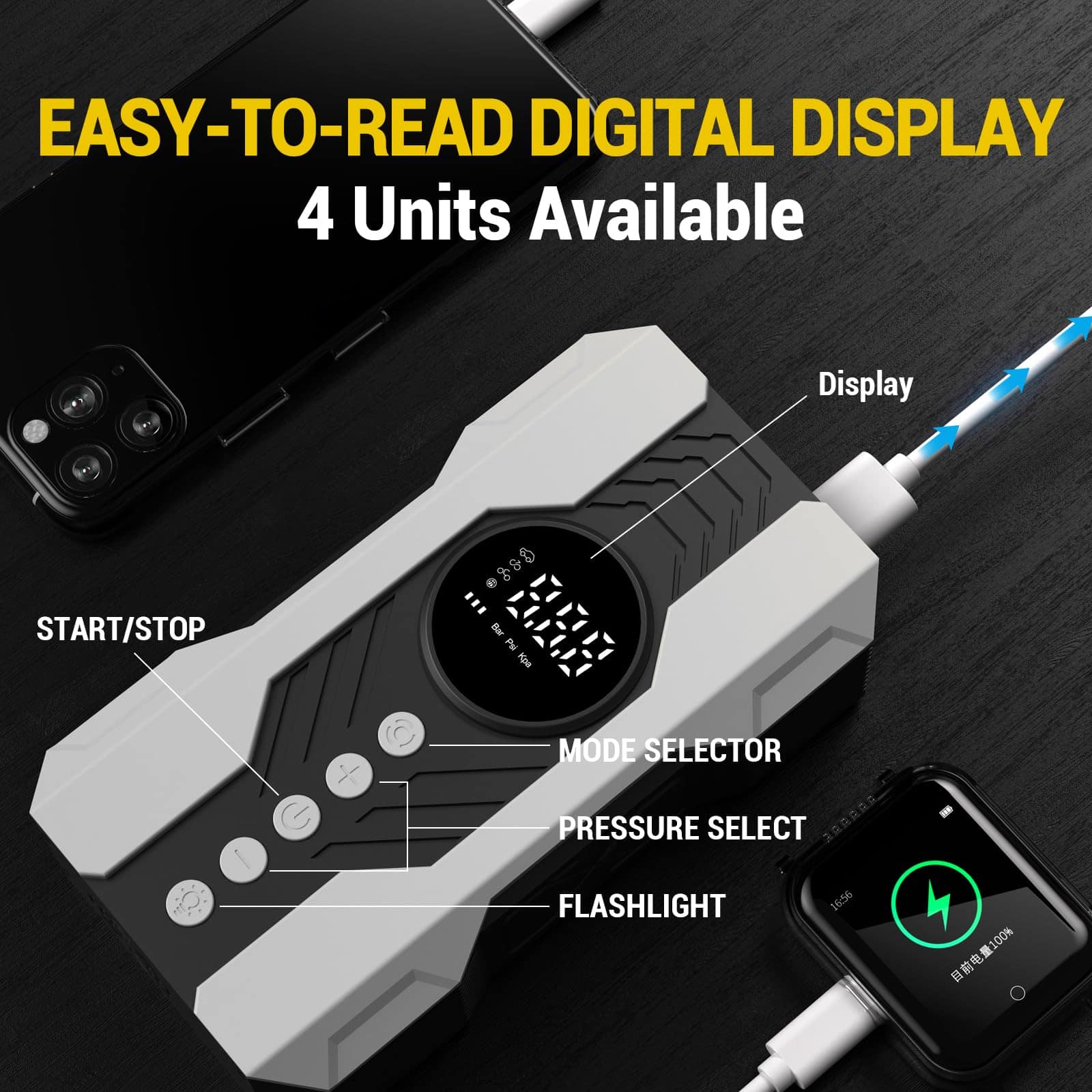 Inflador de neumáticos portátil Kalyoosen, -Blanco - Imagen 5