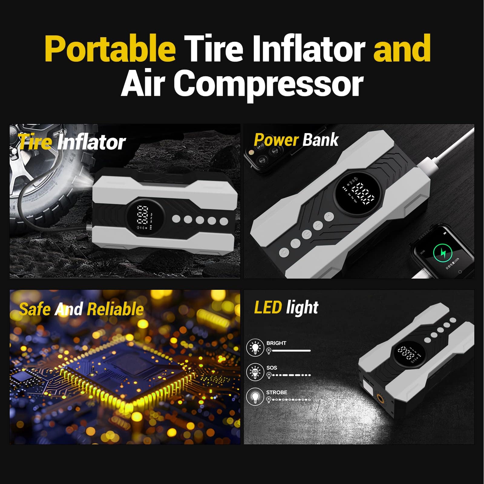 Inflador de neumáticos portátil Kalyoosen, -Blanco - Imagen 7