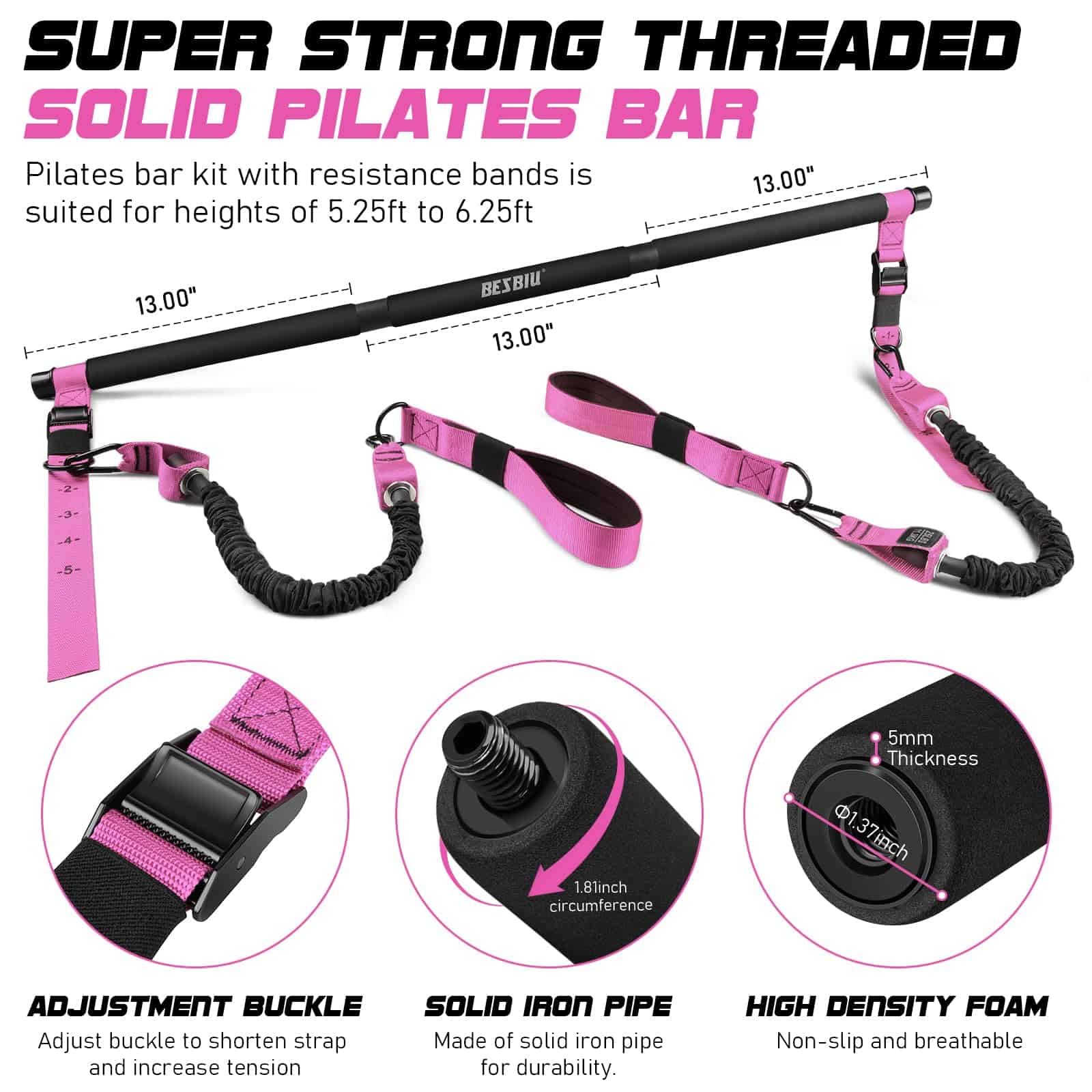 Kit de Barra de Pilates con Bandas de -Rojo Rosa - Imagen 3