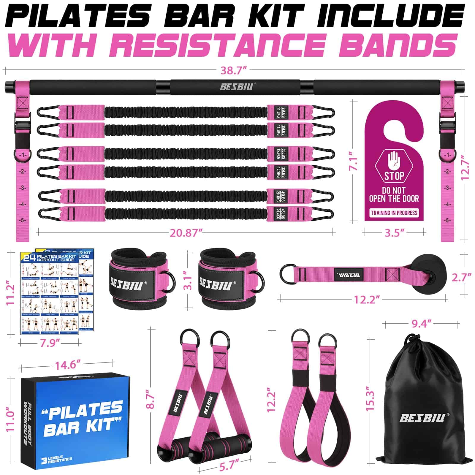 Kit de Barra de Pilates con Bandas de -Rojo Rosa - Imagen 8