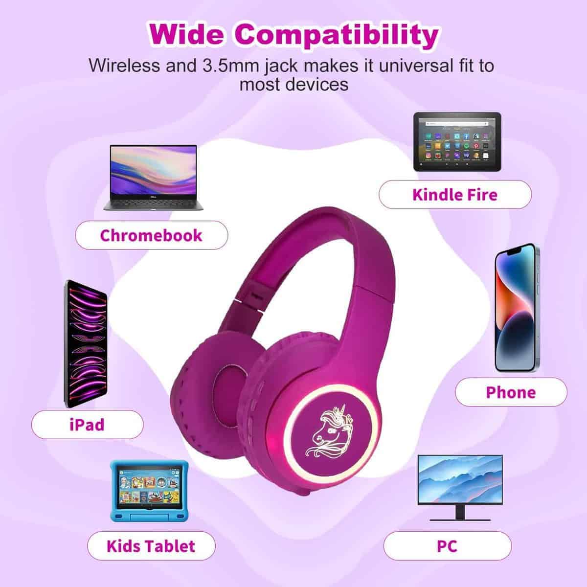 Auriculares para niñas YUSONIC con luces LED de unicornio, - Imagen 5