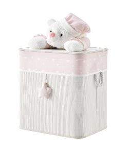 Cesto de bambú plegable rosa/crema para niños con forro de