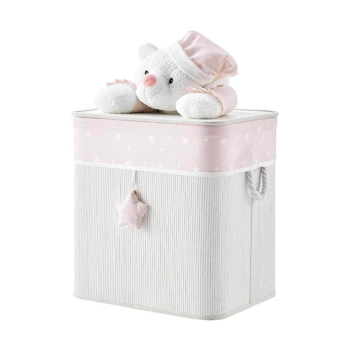 Cesto de bambú plegable rosa/crema para niños con forro de
