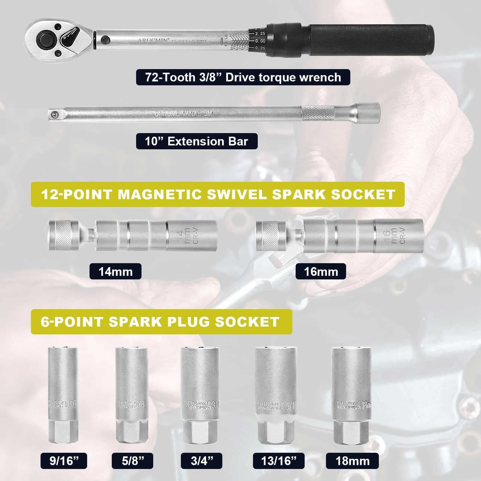 Juego de 9 piezas de Llaves de Bujías Magnéticas con Torque - Imagen 3