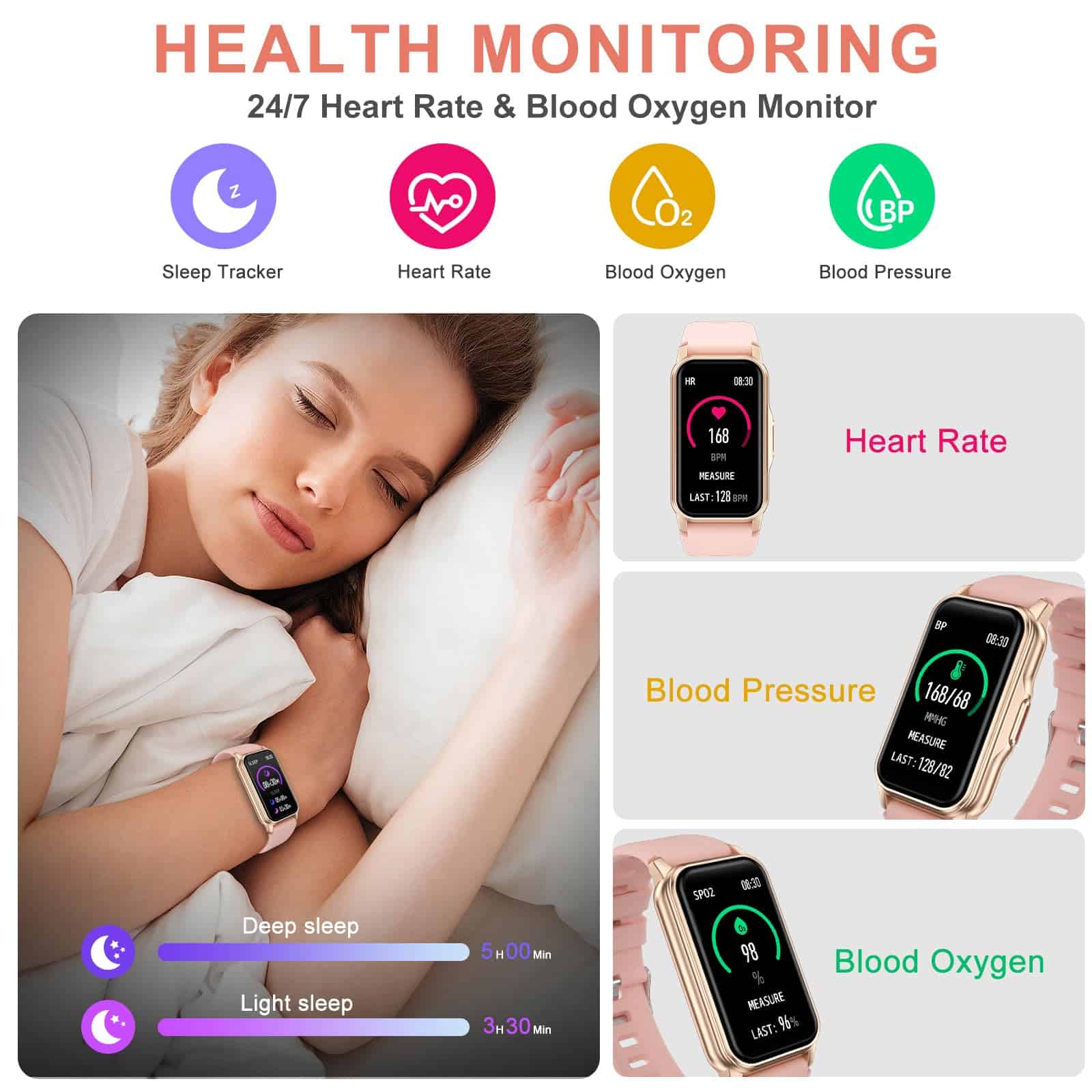 Rastreador de Fitness con Ritmo Cardíaco 24/7, Sueño - Imagen 3