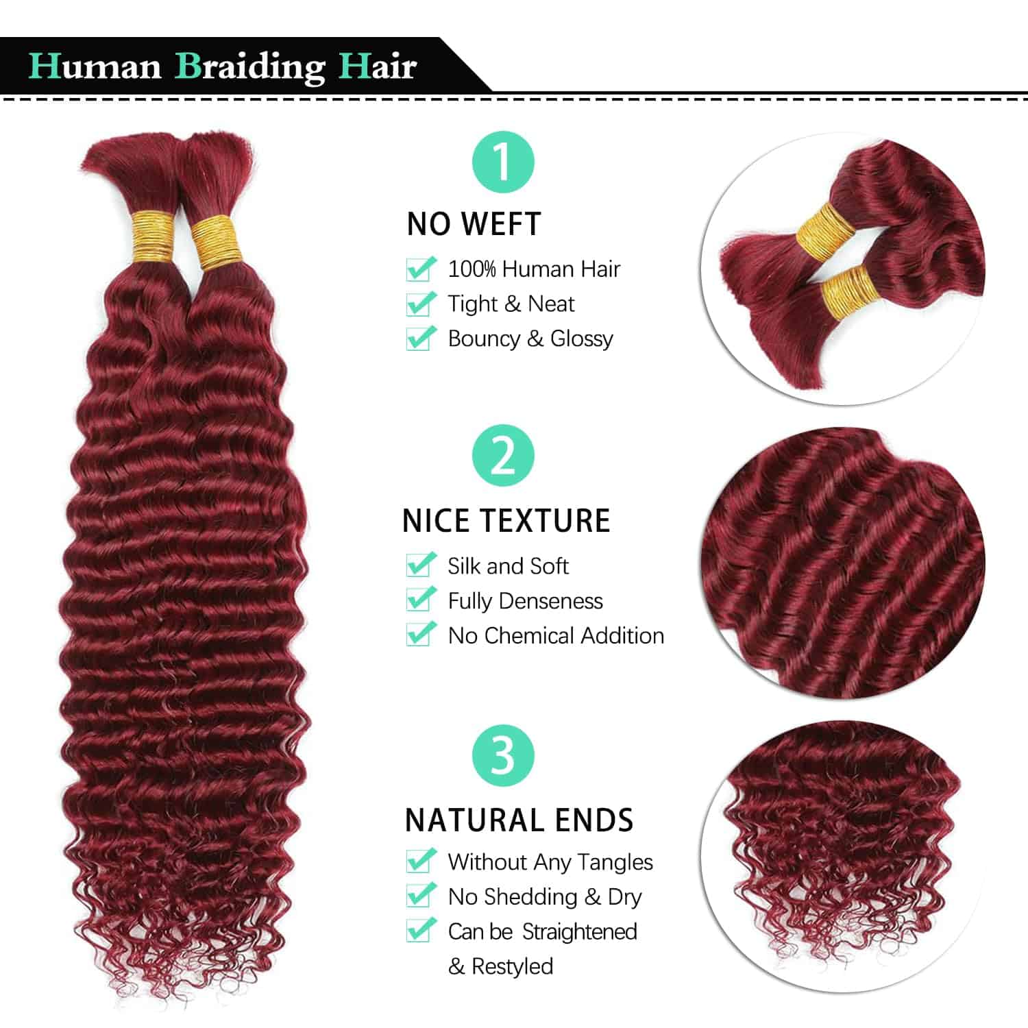 Cabello de Trenzado Humano 2 Paquetes/Pack 100g Borgoña 99J - Imagen 3