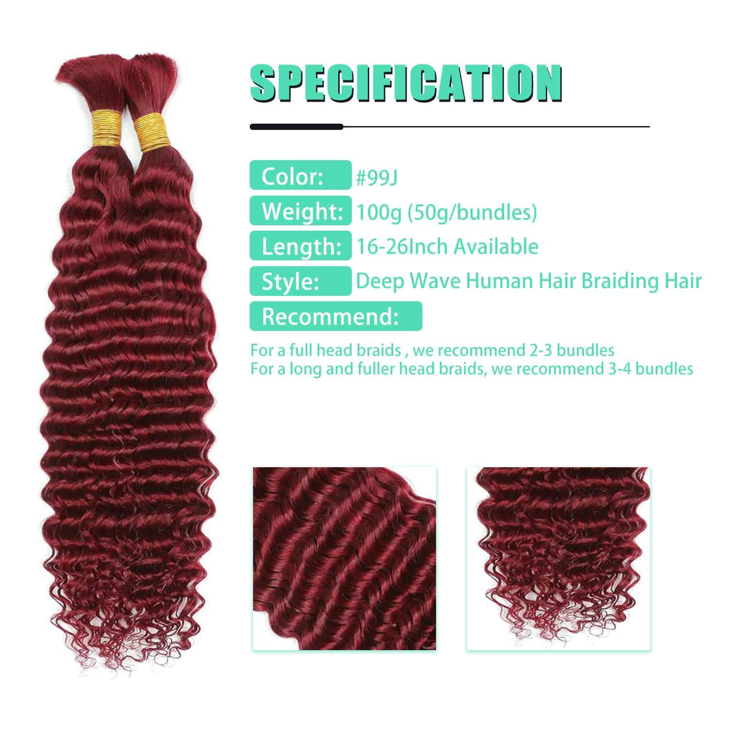 Cabello de Trenzado Humano 2 Paquetes/Pack 100g Borgoña 99J - Imagen 4