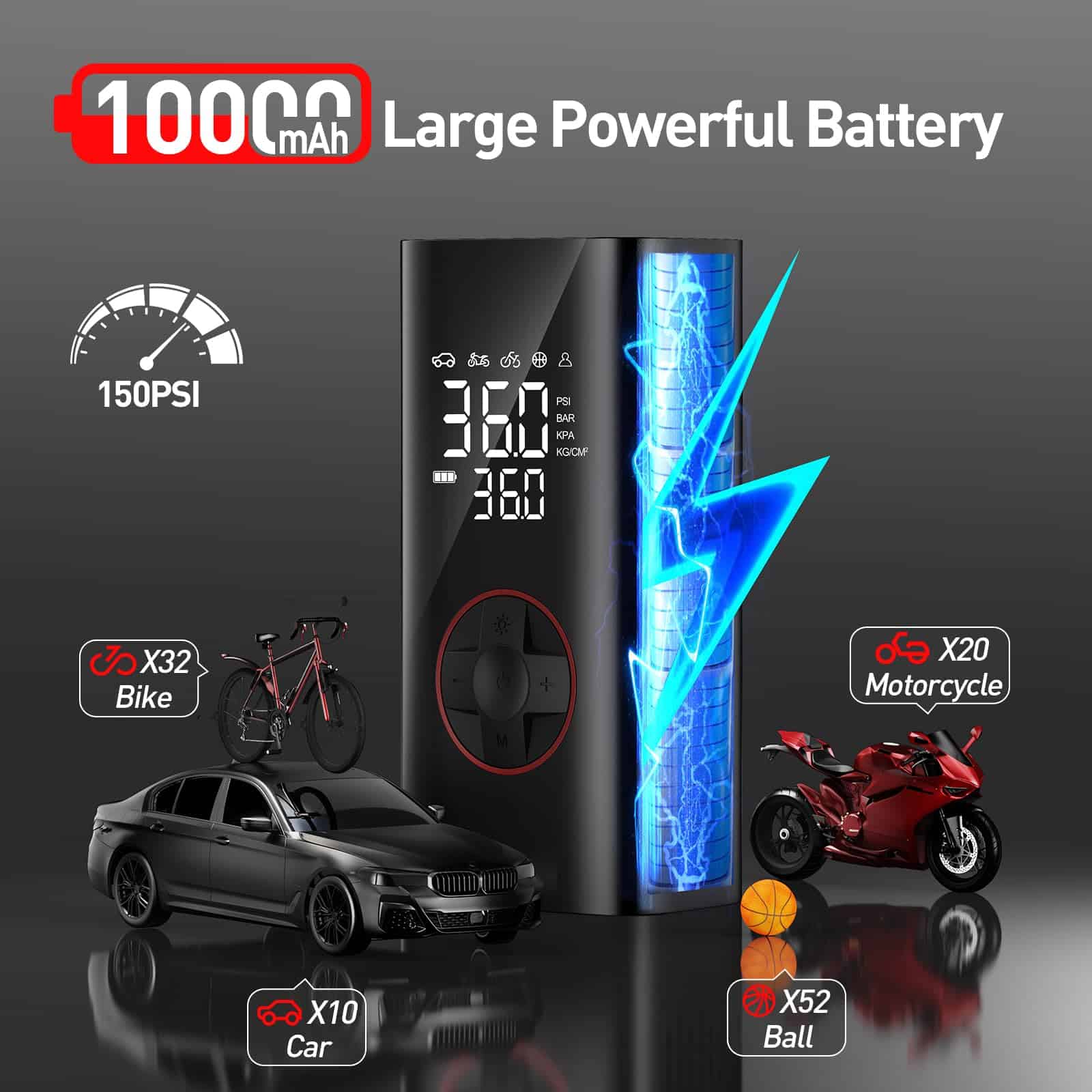 Inflador de neumáticos - Compresor de aire portátil - Bomba - Imagen 4