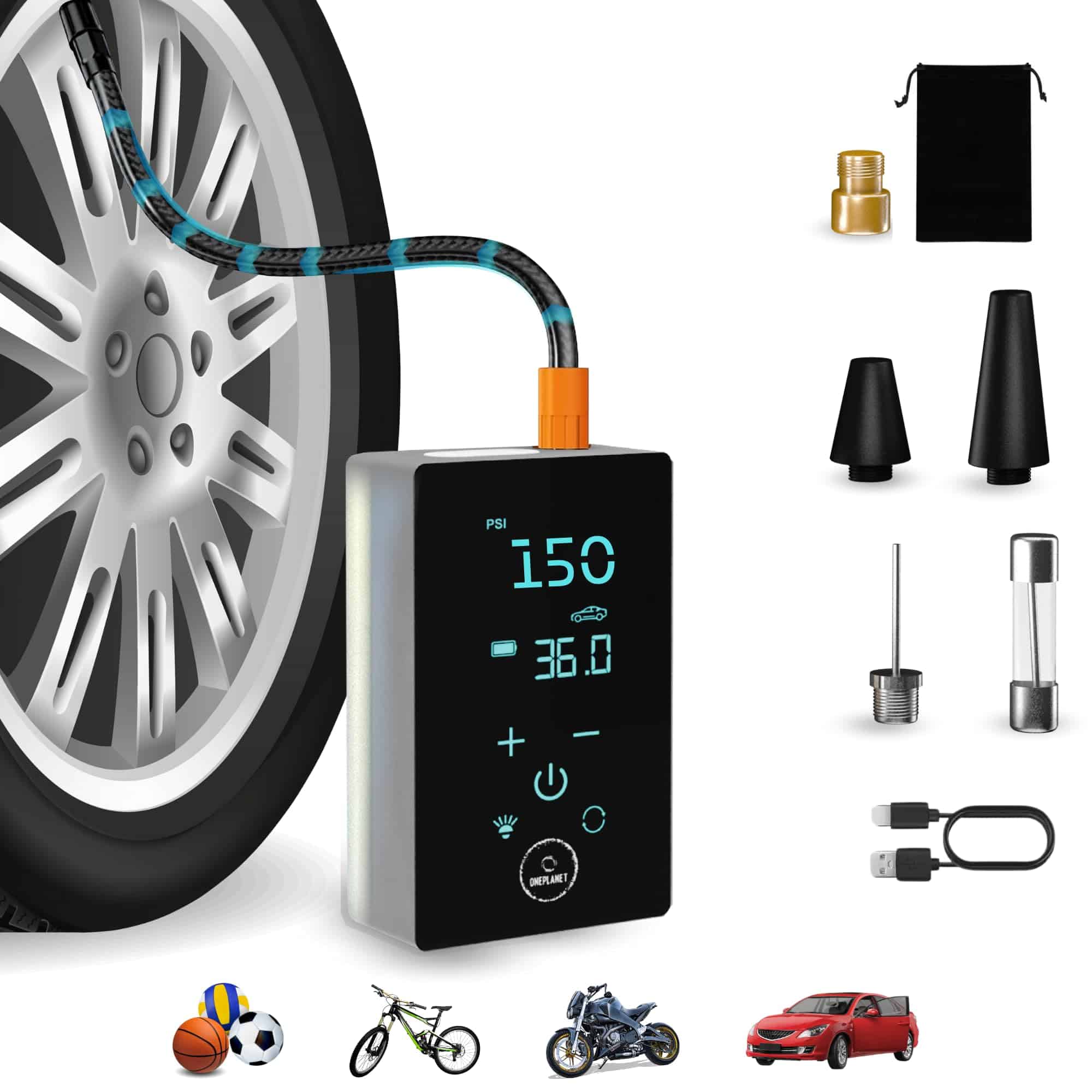 Inflador de Neumáticos Portátil OnePlanet - Compresor de