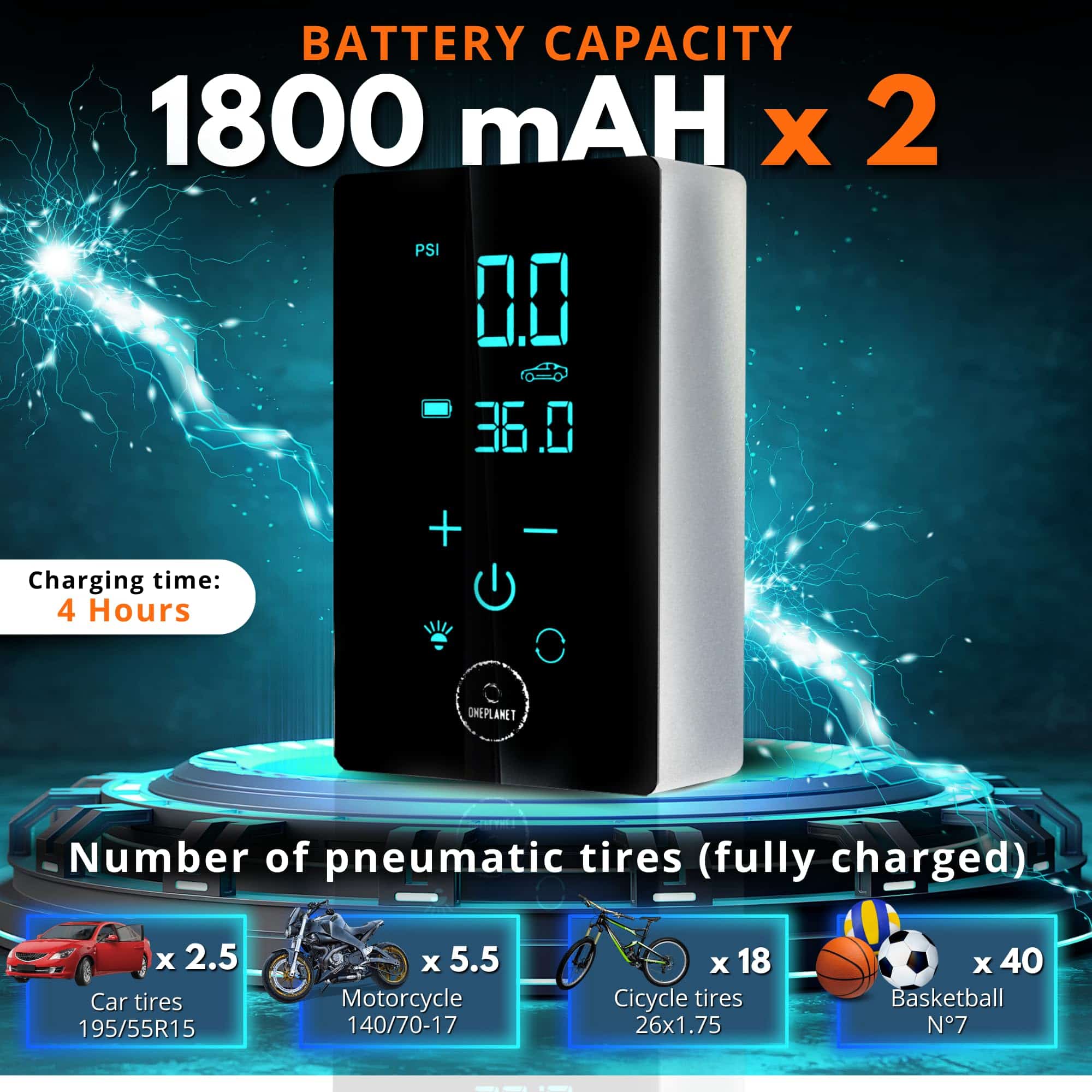 Inflador de Neumáticos Portátil OnePlanet - Compresor de - Imagen 3