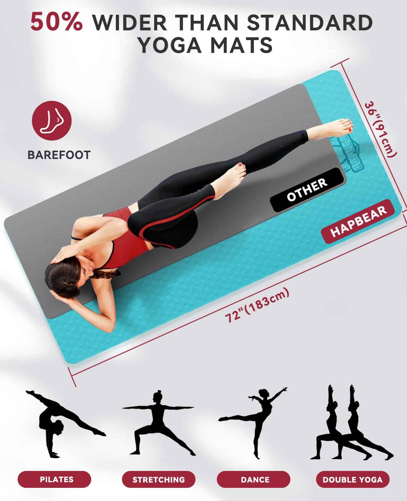 Tapete de Yoga Grande HAPBEAR - 72"x36"x6mm -Turquesa/Verde - Imagen 3