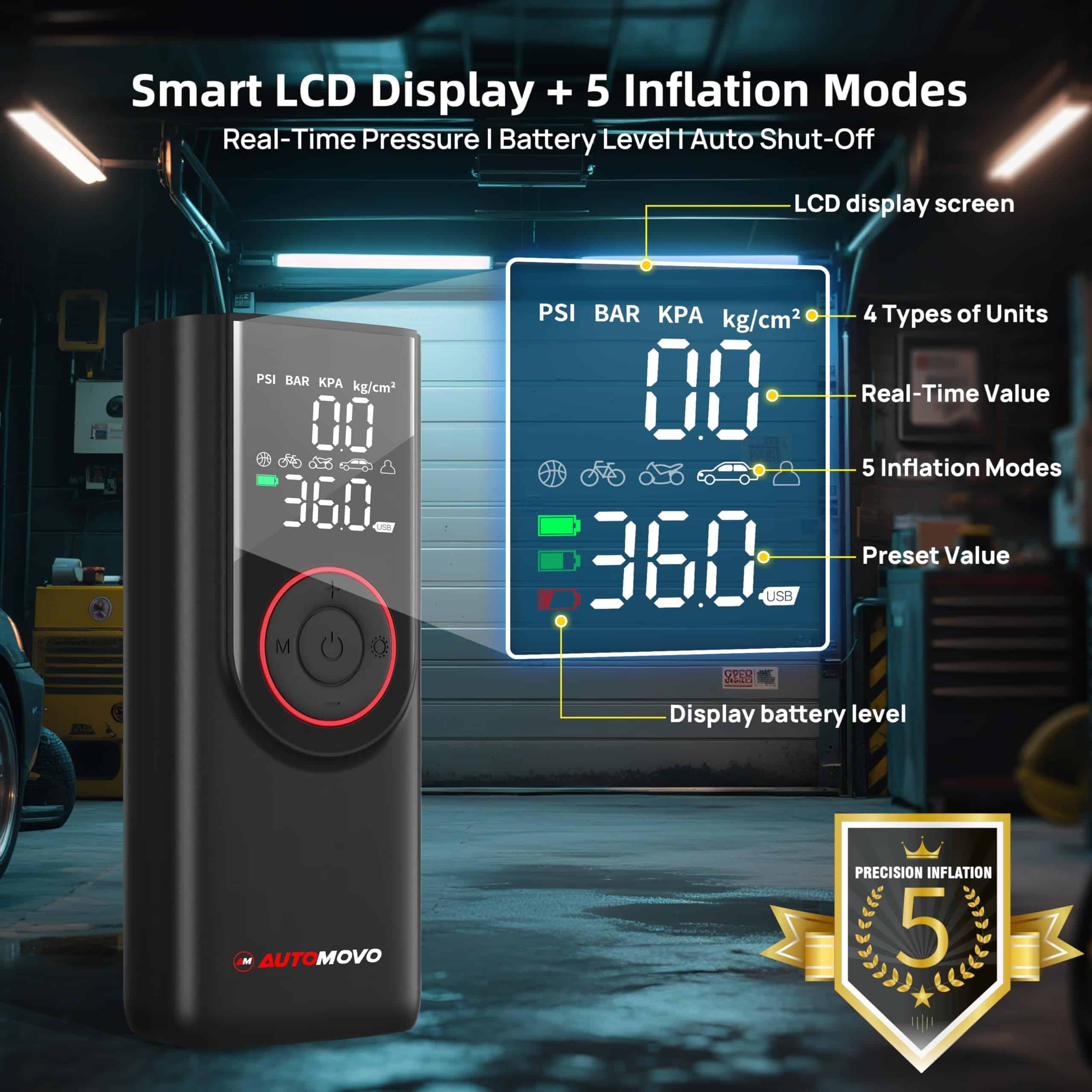 Inflador de neumáticos AUTOMOVO compresor de aire portátil - Imagen 5