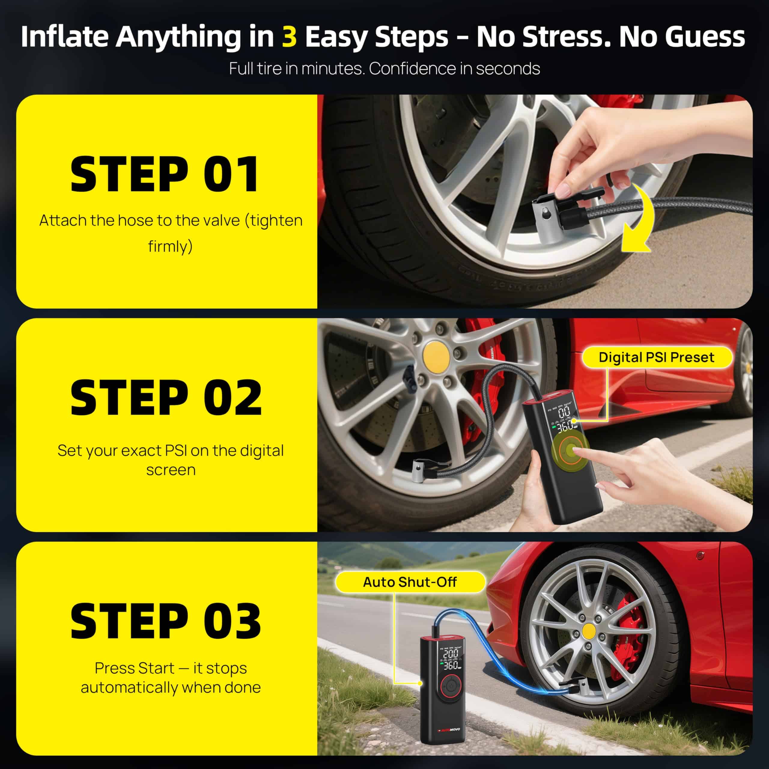 Inflador de neumáticos AUTOMOVO compresor de aire portátil - Imagen 8