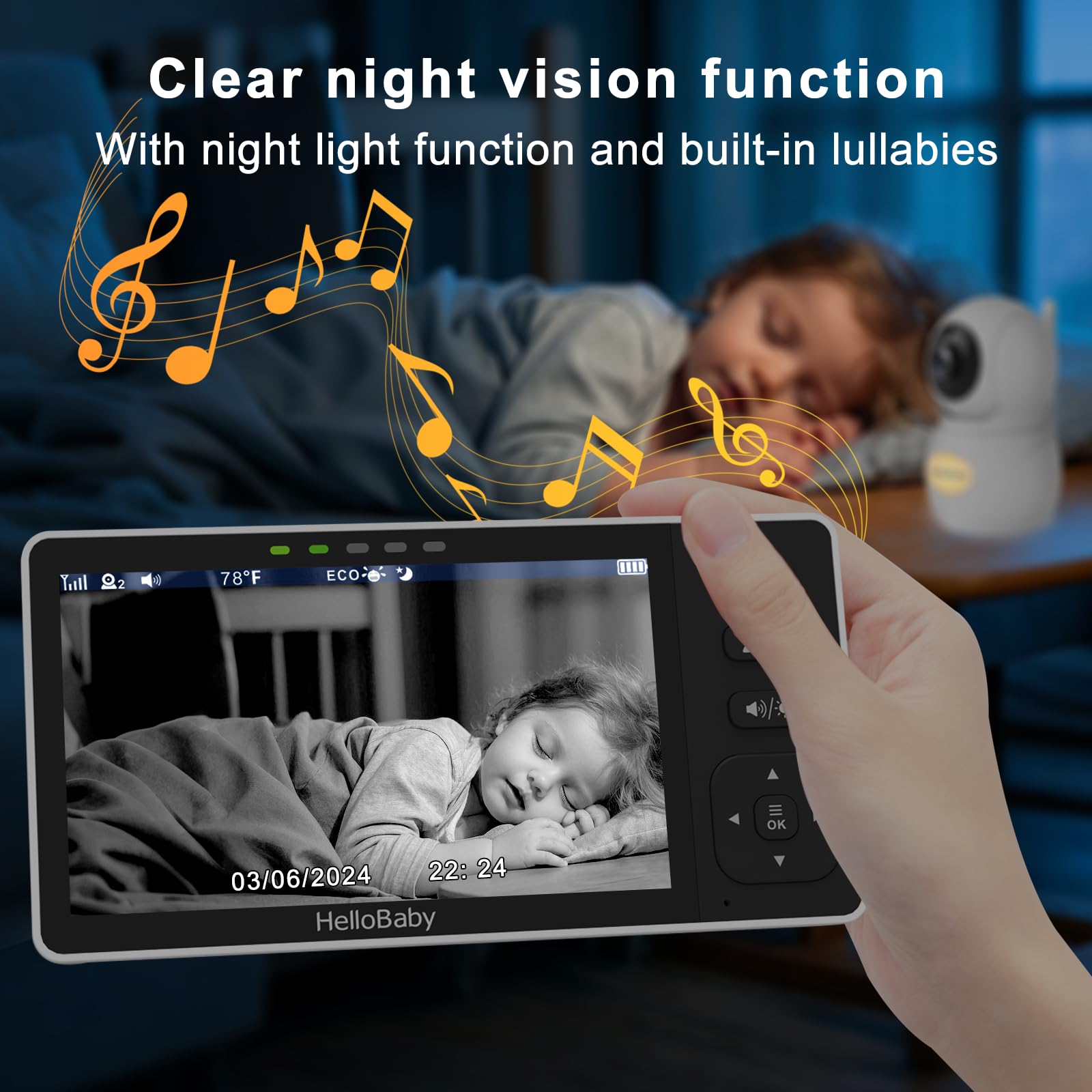 Monitor de Bebé HelloBaby 720P 5.5'' HD con Cámara y Audio - Imagen 5