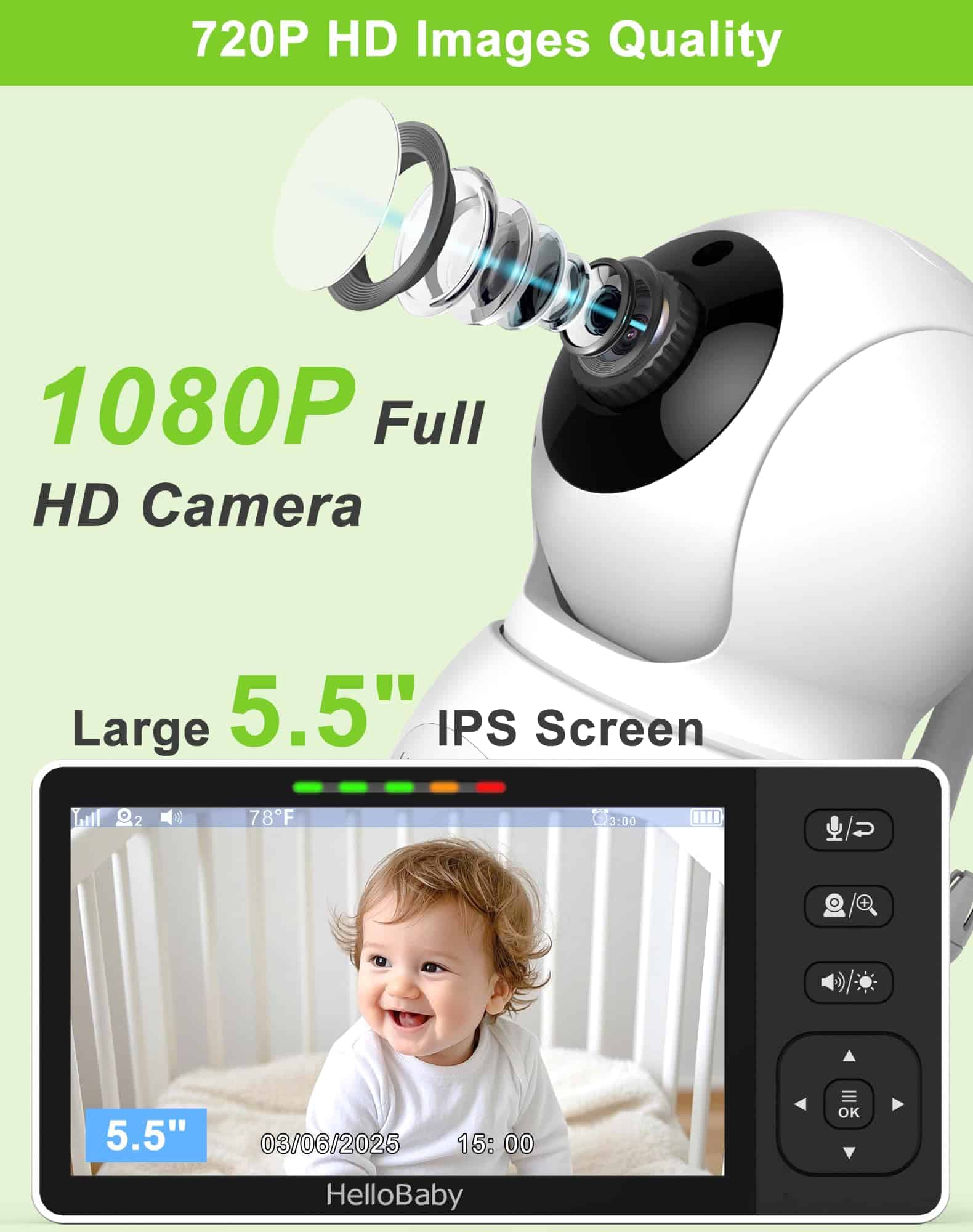 Monitor de Bebé HelloBaby 720P 5.5'' HD con Cámara y Audio - Imagen 3