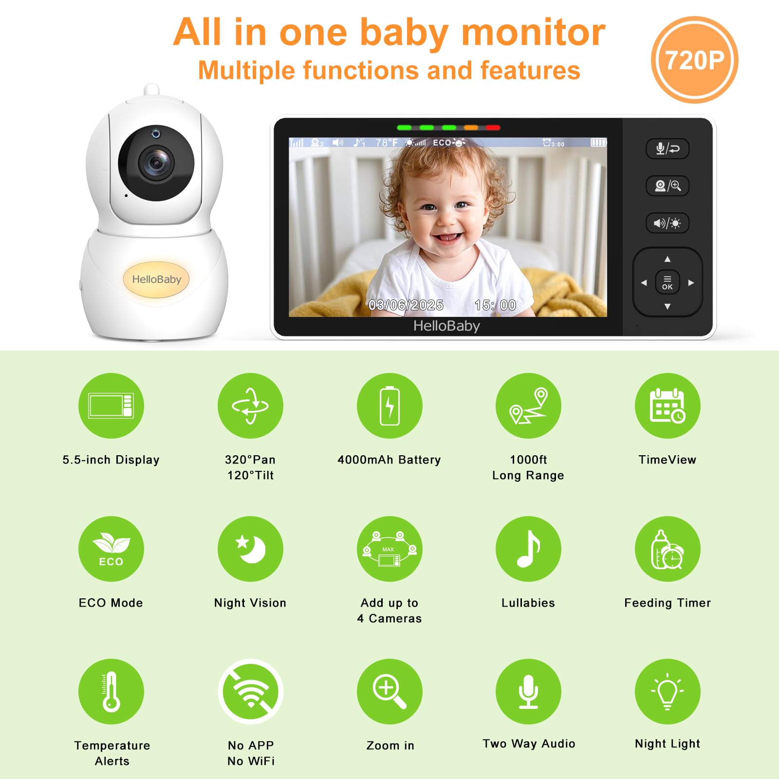 Monitor de Bebé HelloBaby 720P 5.5'' HD con Cámara y Audio - Imagen 4