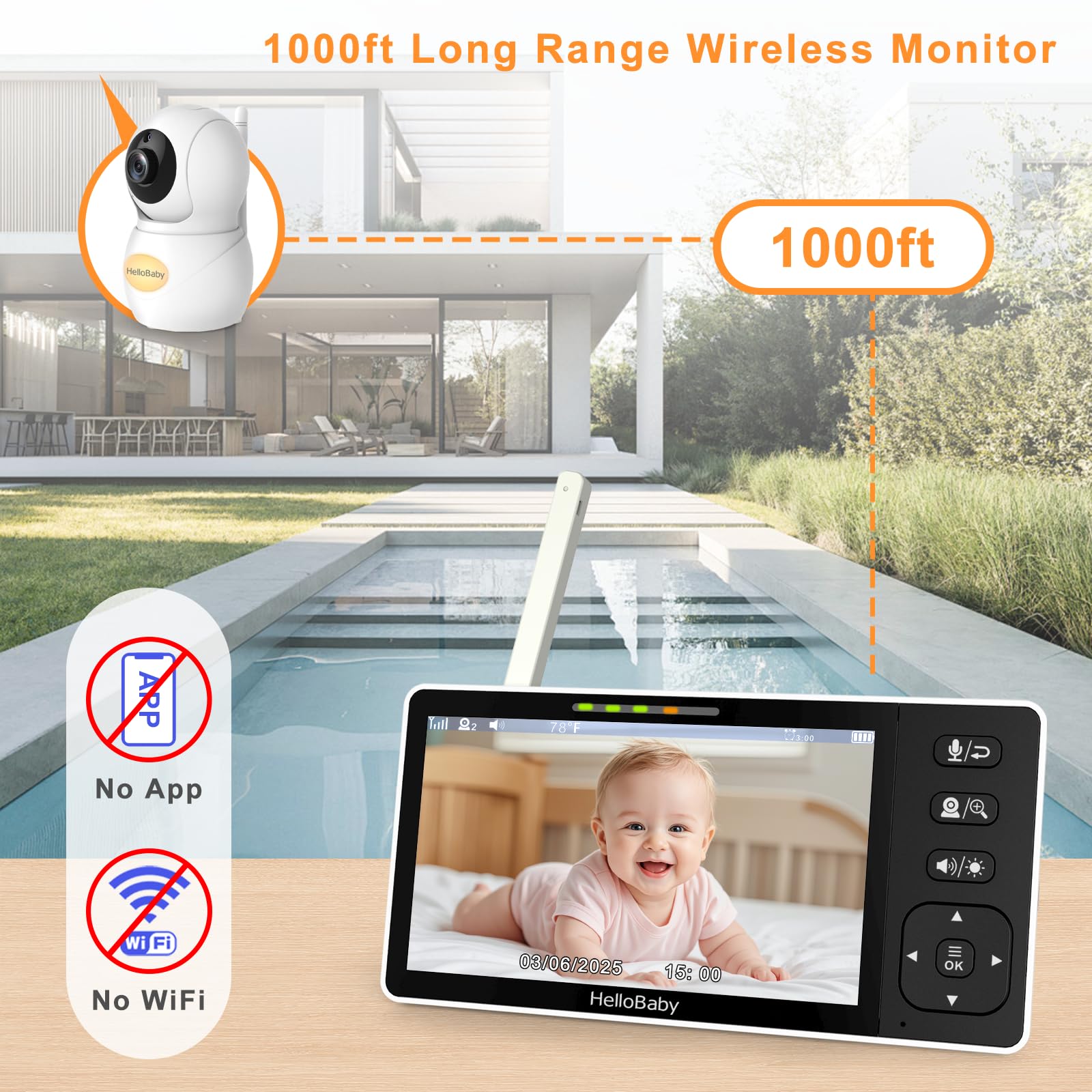 Monitor de Bebé HelloBaby 720P 5.5'' HD con Cámara y Audio - Imagen 6