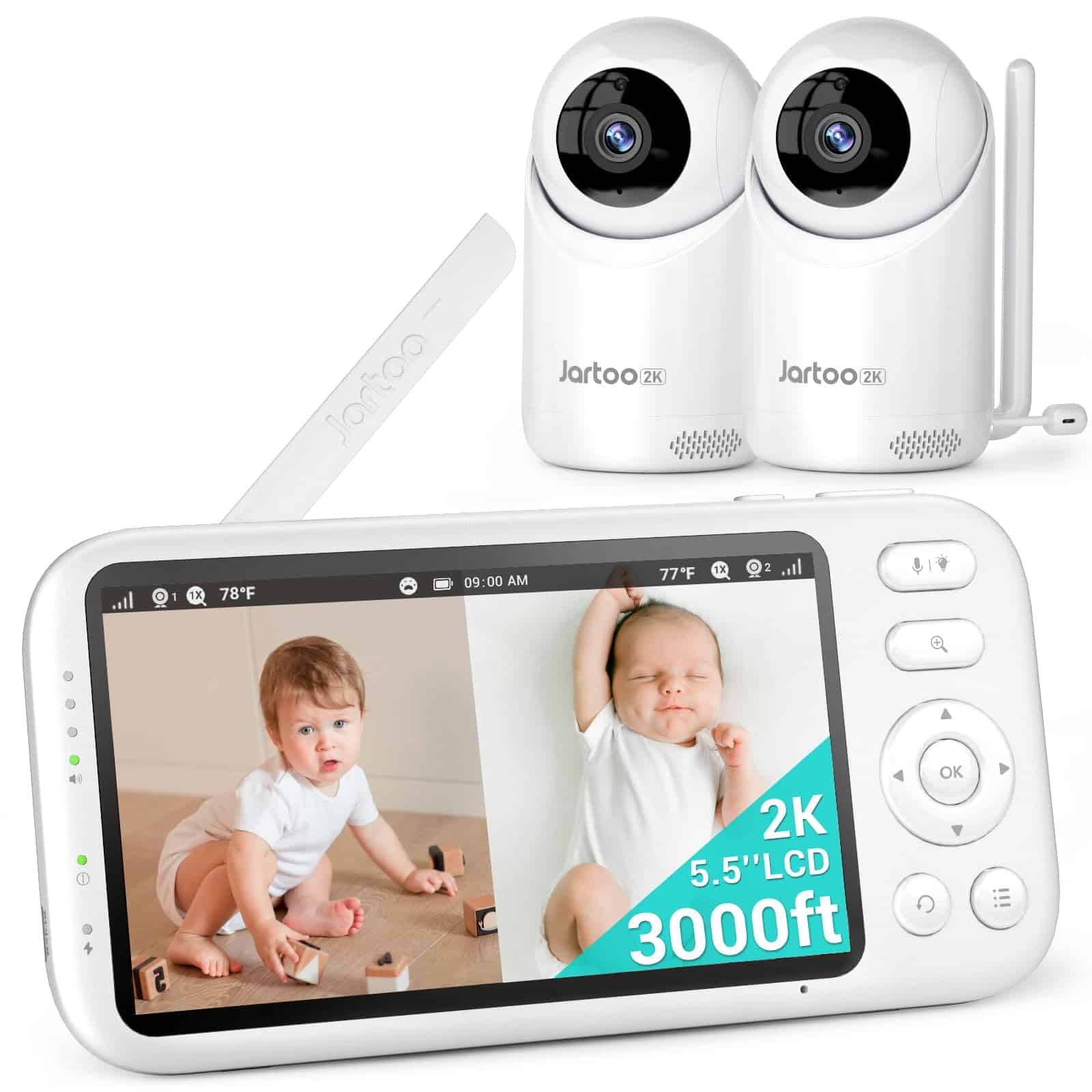 Monitor de Bebé de Video Jartoo 2K con 2 Cámaras y Audio,