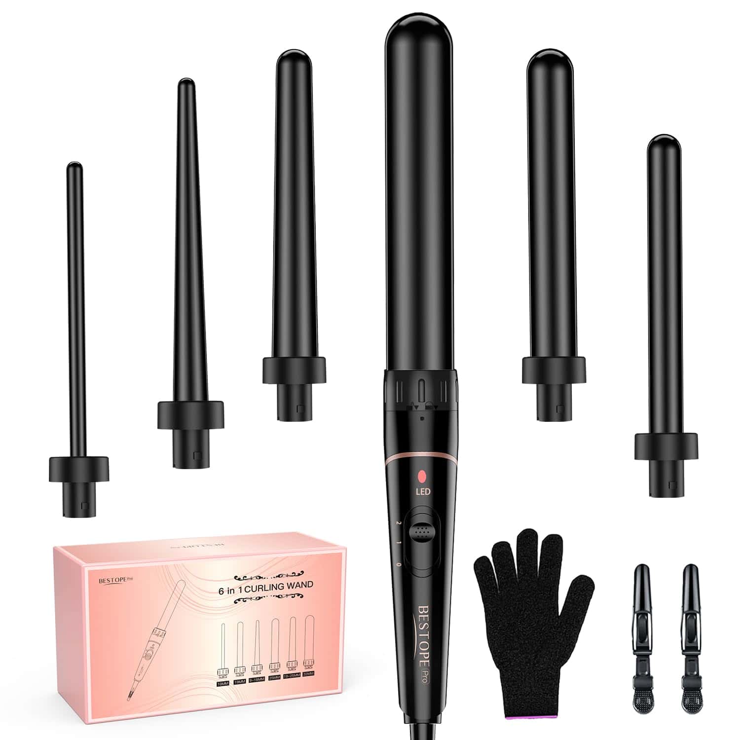 Set de Varita Rizadora de Barril Largo, BESTOPE PRO 6 en 1