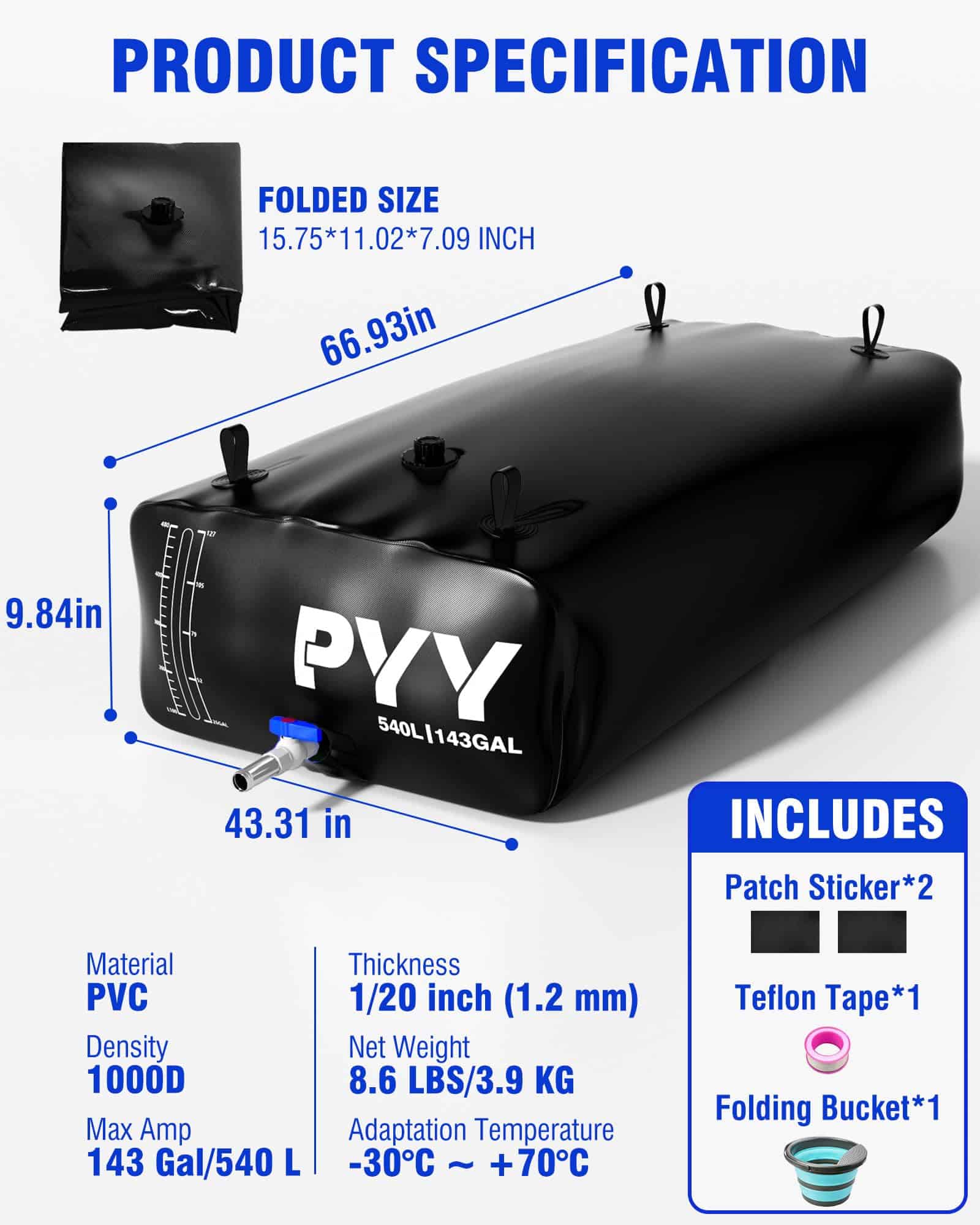 Tanque de Agua Portátil de 143 Galones PYY para Cama de - Imagen 7