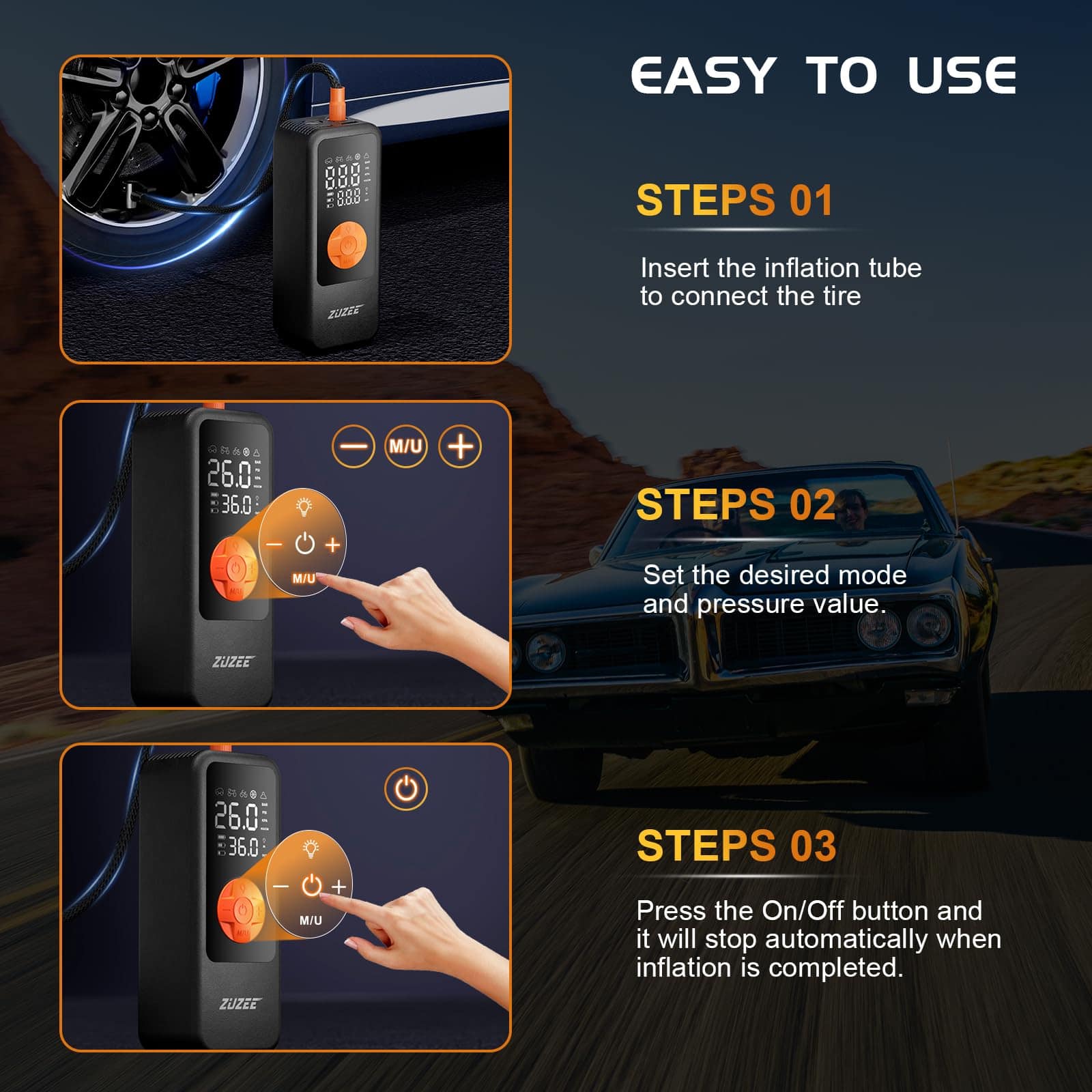 Inflador de neumáticos ZUZEE, Compresor de aire portátil, - Imagen 9