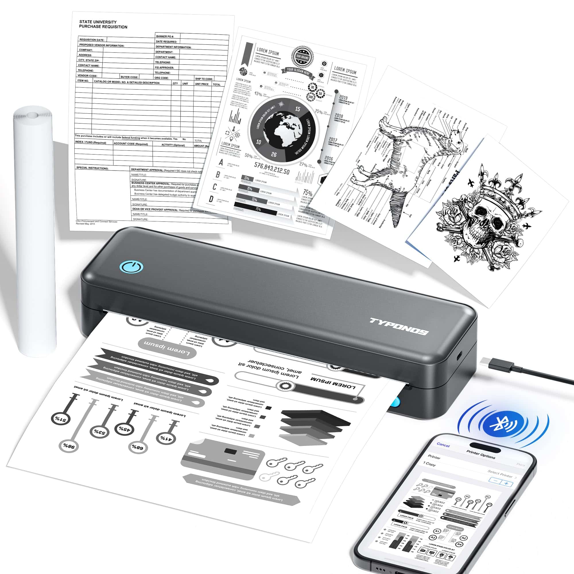 Impresoras Portátiles TYPONOS Inalámbricas para Viajes,