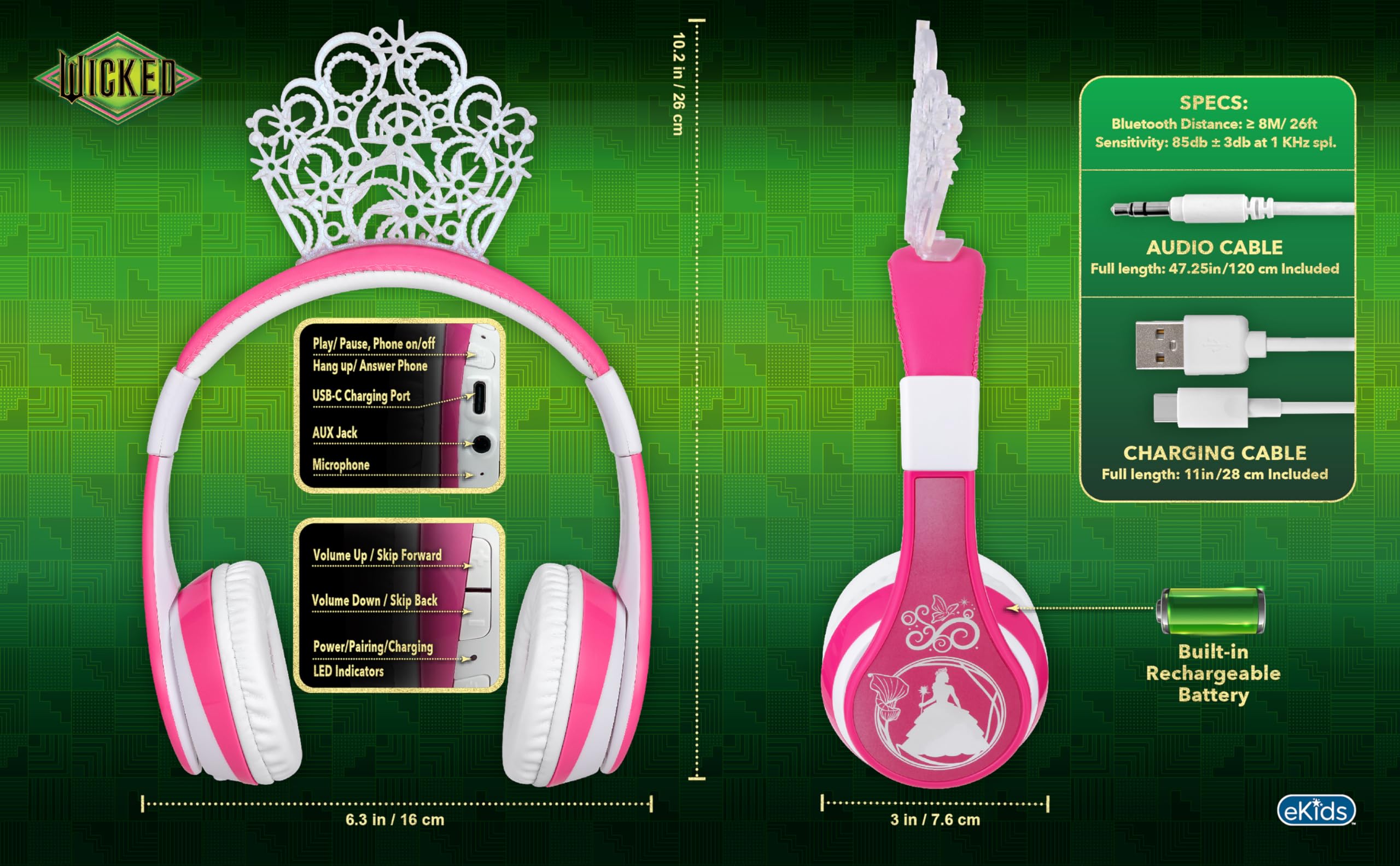 eKids Wicked Glinda Auriculares Bluetooth, Auriculares - Imagen 5