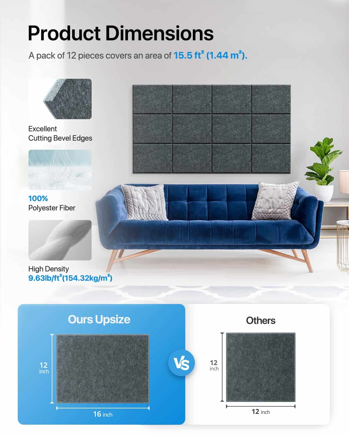 Paneles Acústicos Paquete de 12 Paneles -Gris Oscuro - Imagen 4