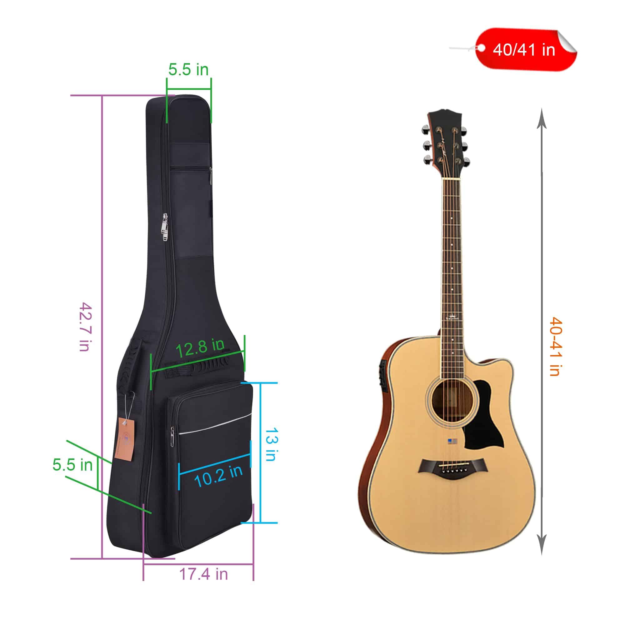 Funda para guitarra acústica diboer de 41 pulgadas con - Imagen 4